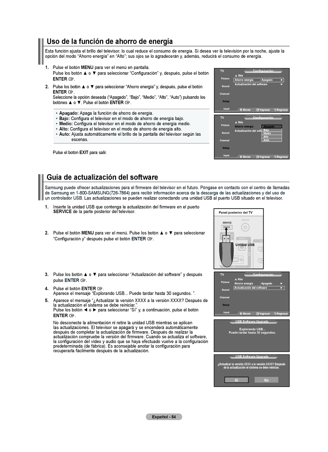 Samsung LN32A540P2D user manual Uso de la función de ahorro de energía, Guía de actualización del software 