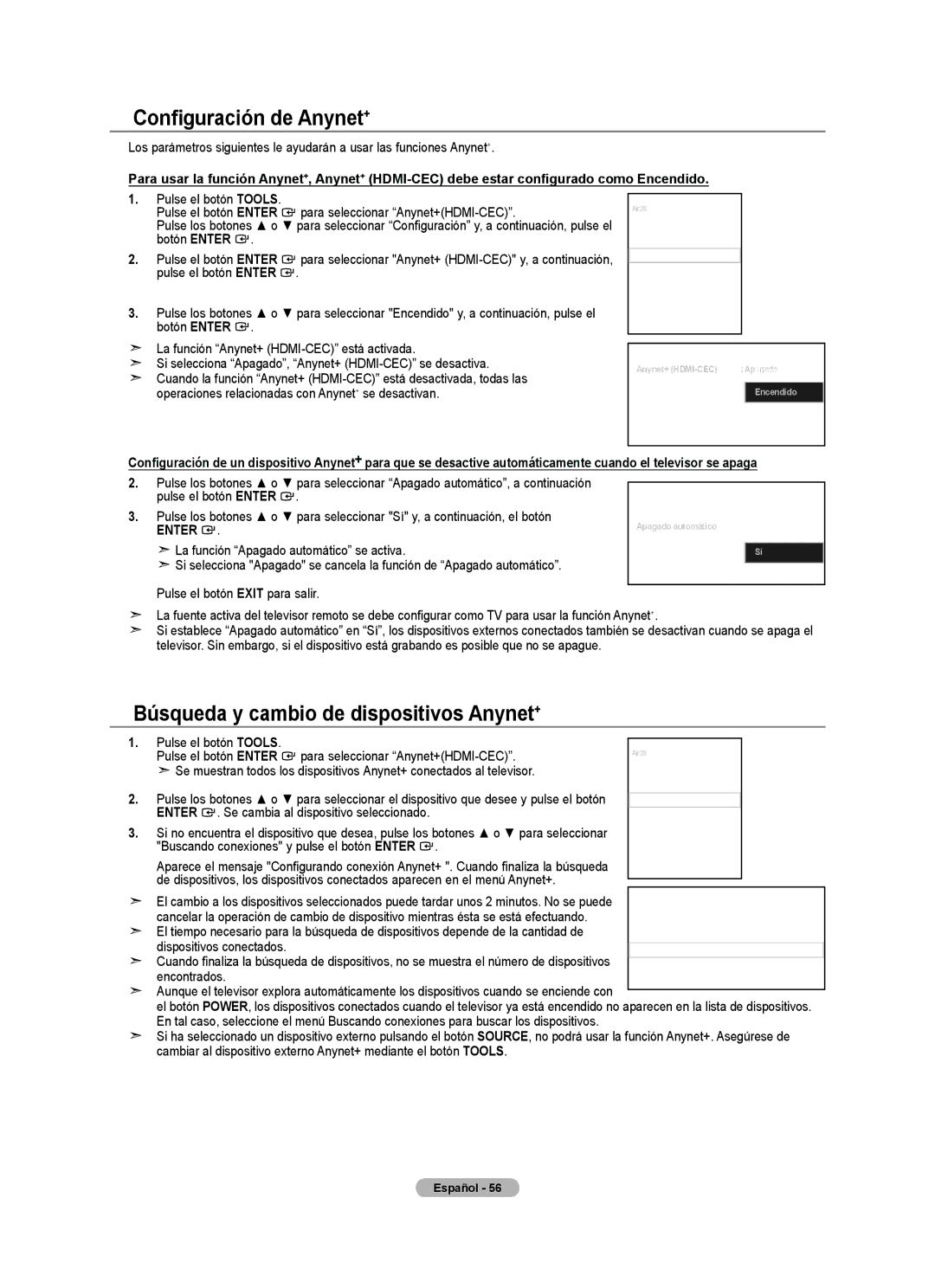 Samsung LN32A540P2D user manual Configuración de Anynet+, Búsqueda y cambio de dispositivos Anynet+ 