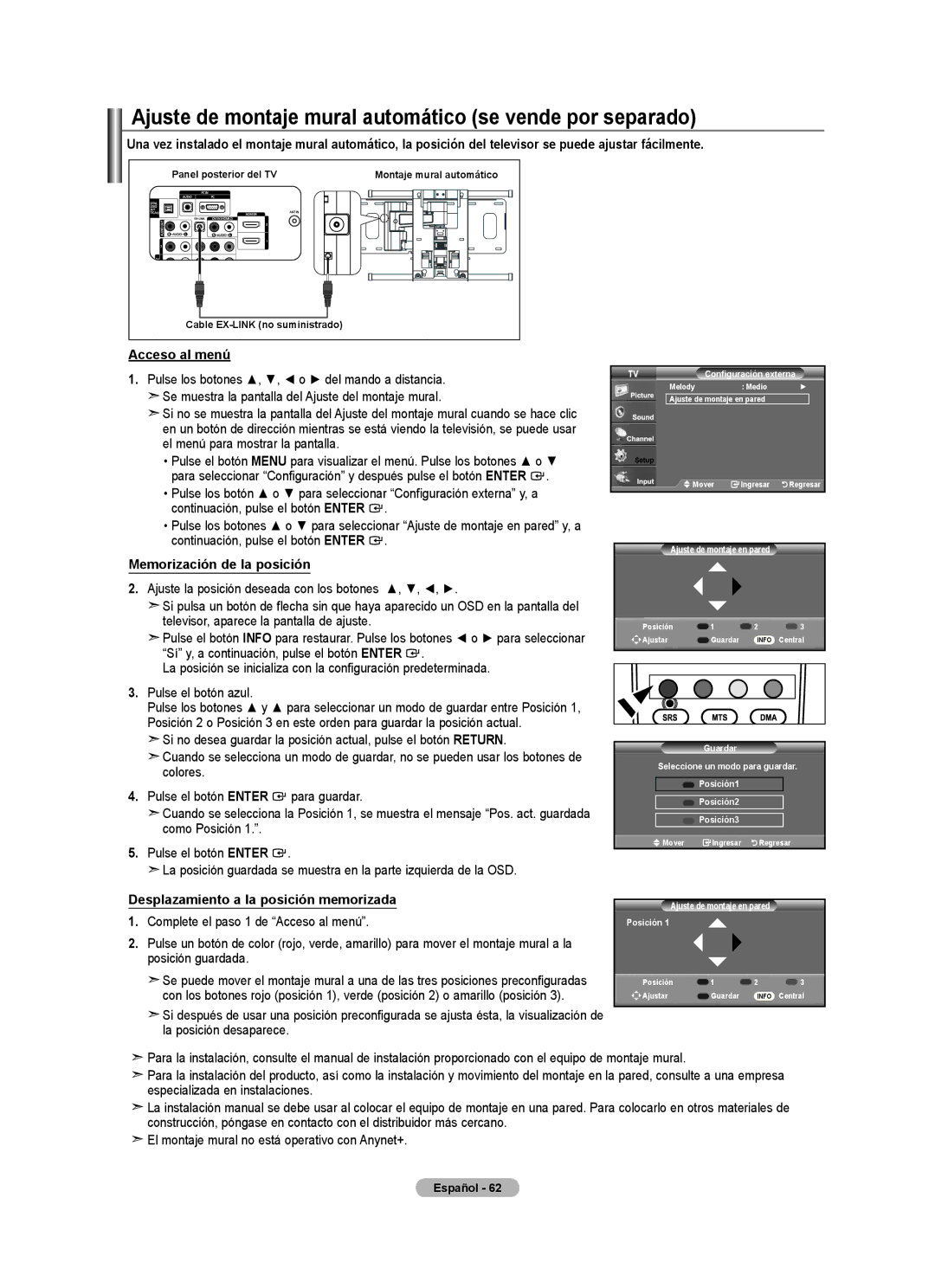 Samsung LN32A540P2D Ajuste de montaje mural automático se vende por separado, Acceso al menú, Memorización de la posición 