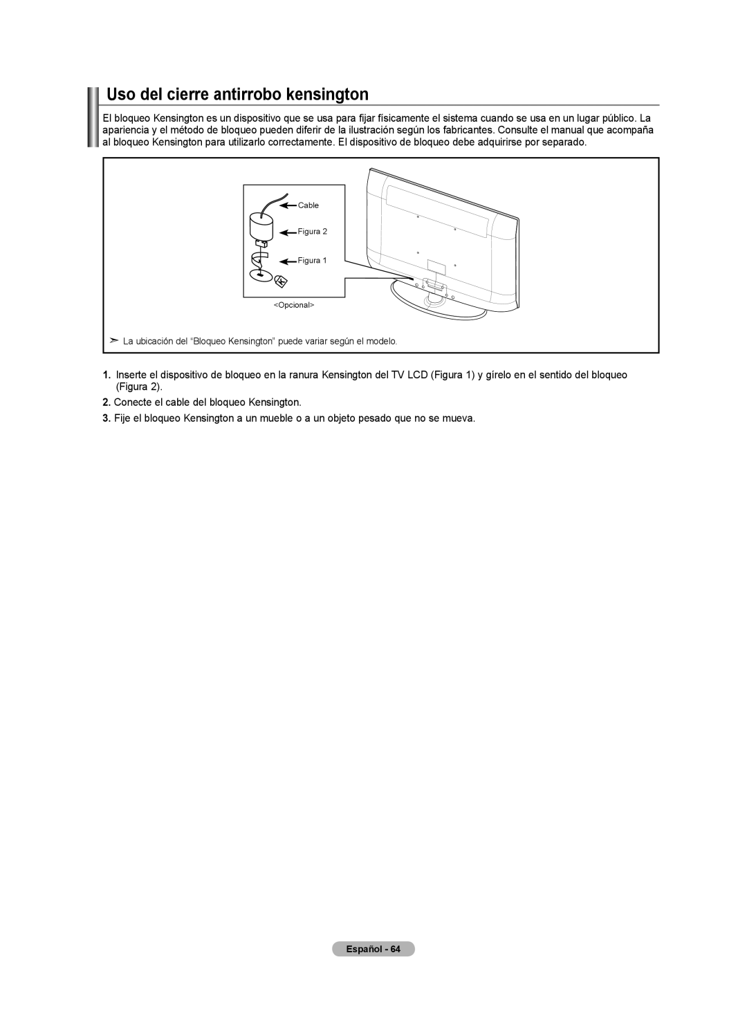 Samsung LN32A540P2D user manual Uso del cierre antirrobo kensington, Figura 