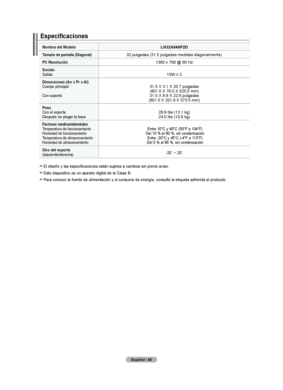 Samsung LN32A540P2D user manual Especificaciones 