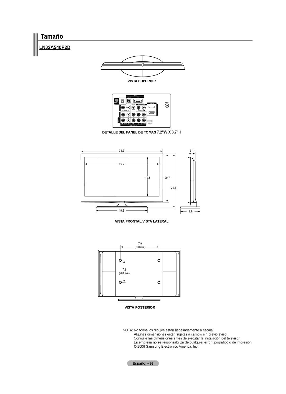 Samsung LN32A540P2D user manual Tamaño, Vista Posterior 