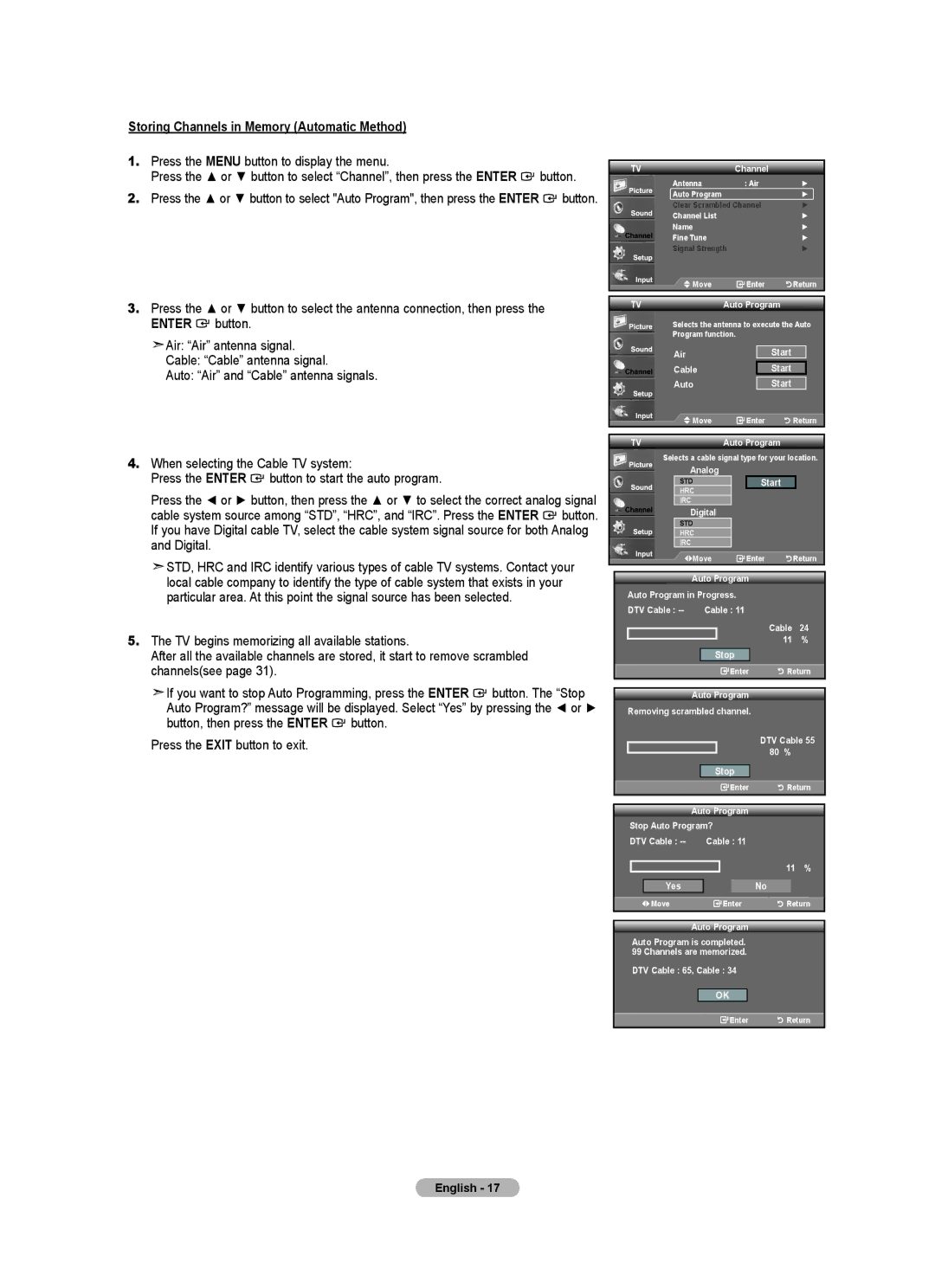 Samsung LN32A540P2D user manual Storing Channels in Memory Automatic Method 