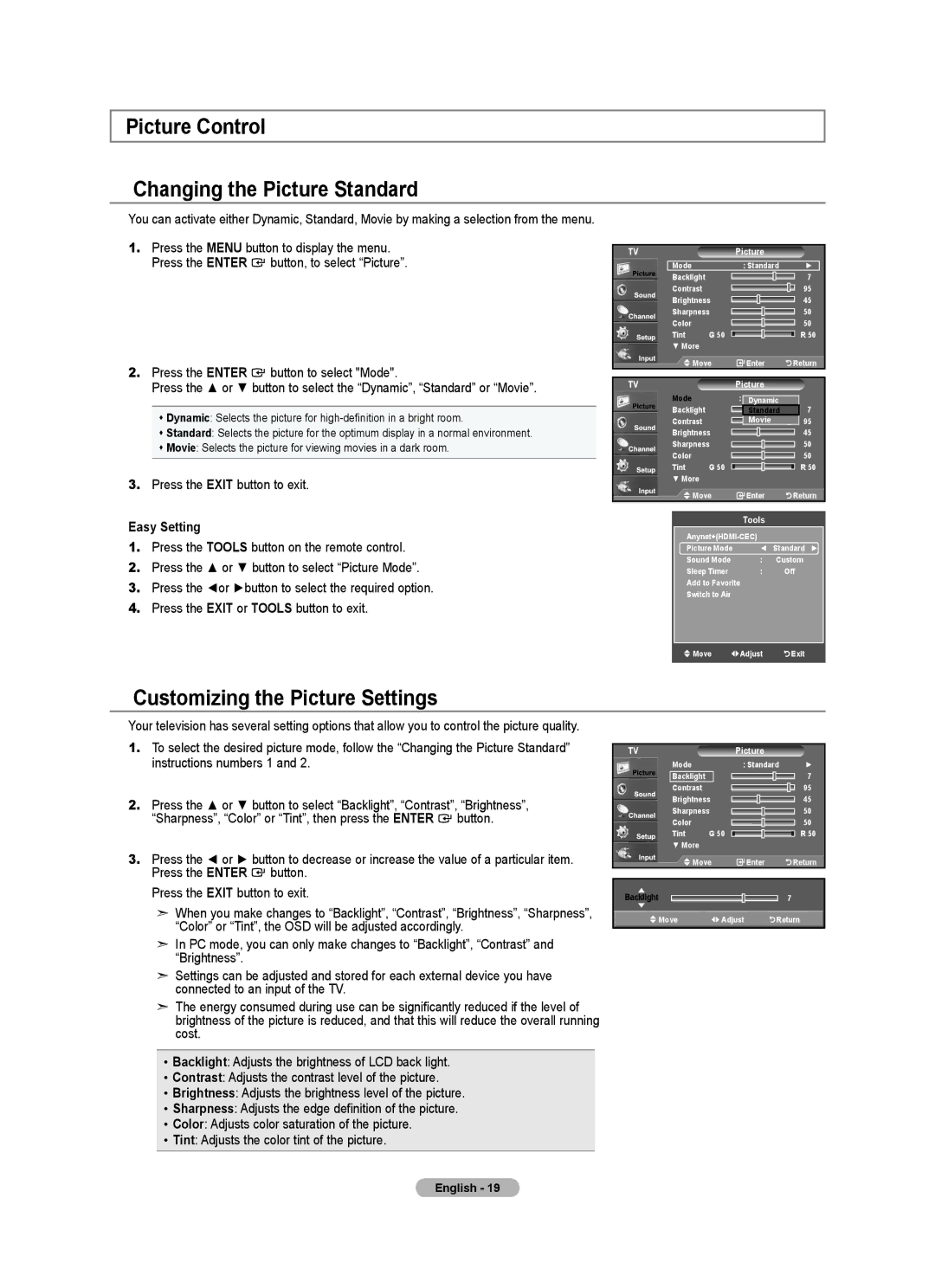 Samsung LN32A540P2D user manual Picture Control Changing the Picture Standard, Customizing the Picture Settings 