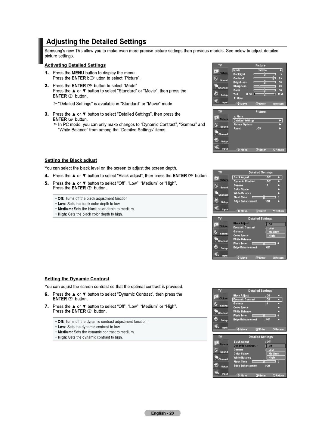 Samsung LN32A540P2D user manual Adjusting the Detailed Settings, Activating Detailed Settings, Setting the Black adjust 