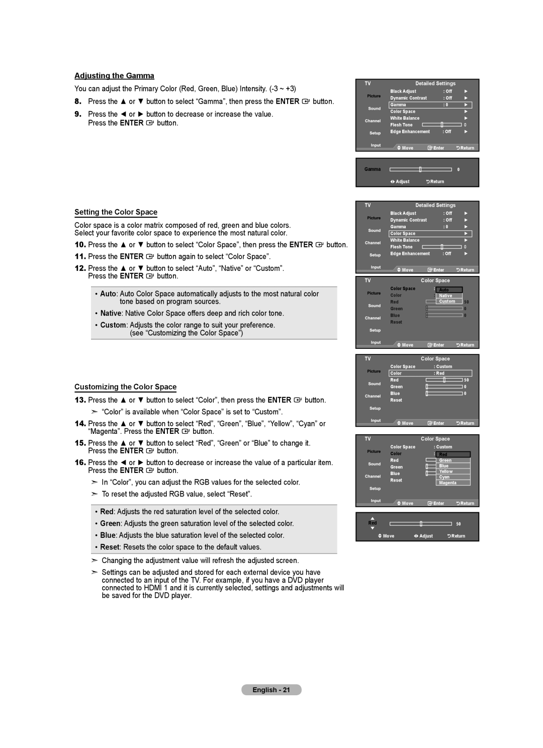 Samsung LN32A540P2D user manual Adjusting the Gamma, Setting the Color Space, Customizing the Color Space 