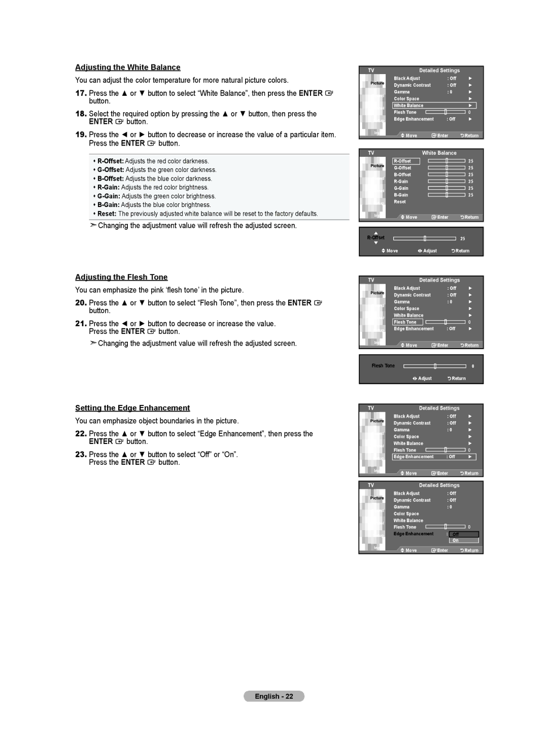 Samsung LN32A540P2D user manual Adjusting the White Balance, Adjusting the Flesh Tone, Setting the Edge Enhancement 