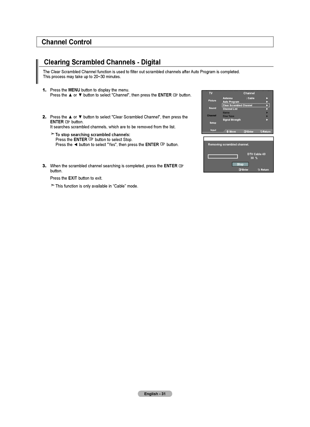 Samsung LN32A540P2D user manual Channel Control Clearing Scrambled Channels Digital, To stop searching scrambled channels 