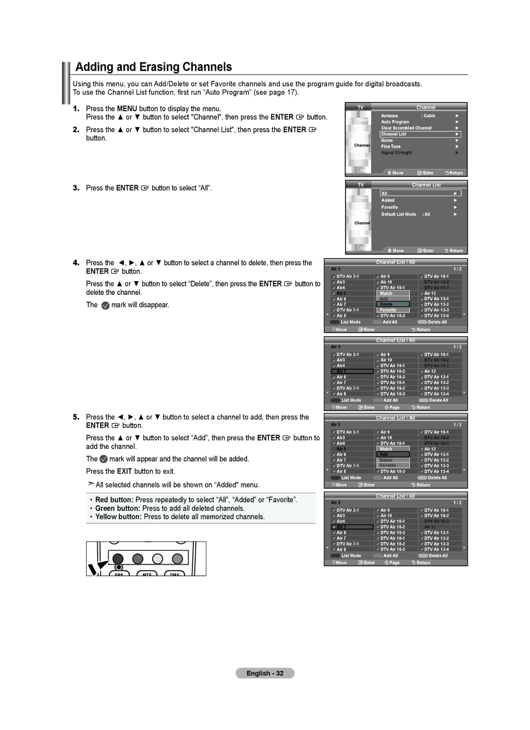 Samsung LN32A540P2D user manual Adding and Erasing Channels, Press the Enter button to select All, Channel List / All 