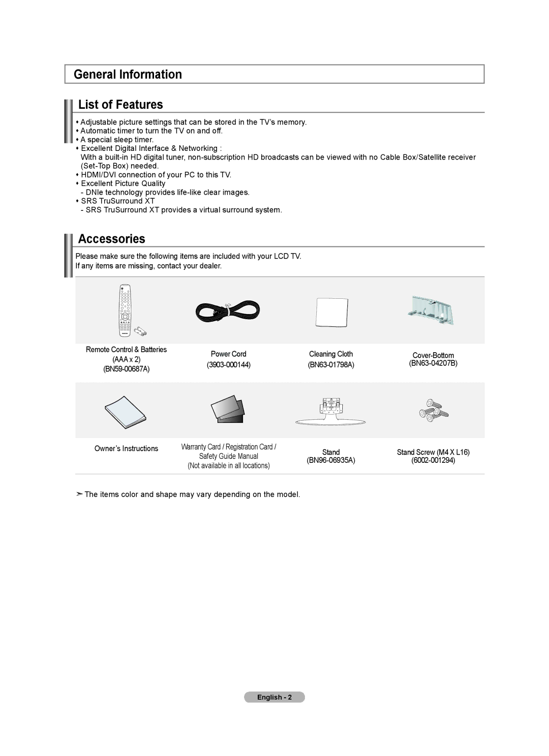 Samsung LN32A540P2D user manual General Information List of Features, Accessories 