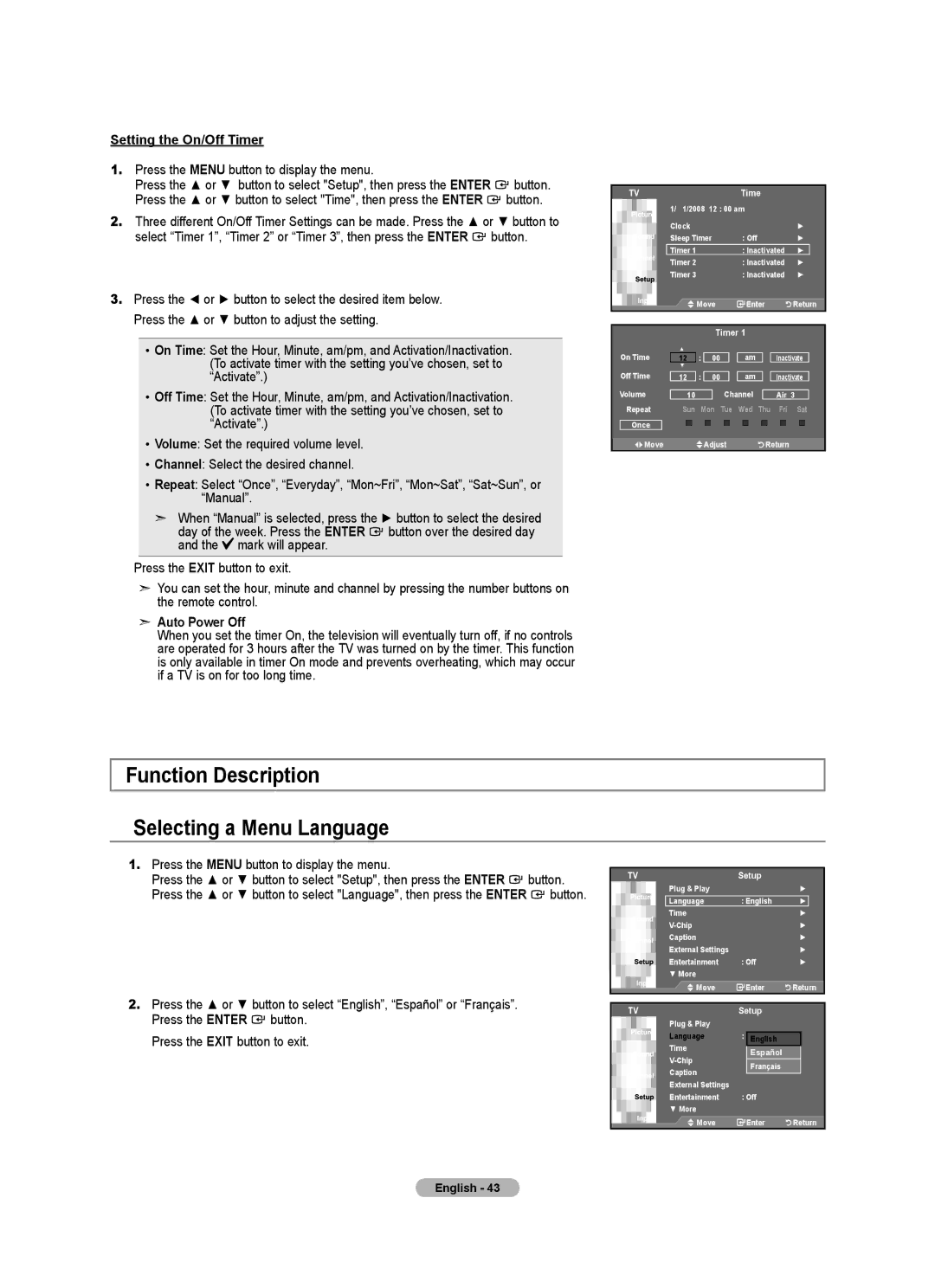 Samsung LN32A540P2D user manual Function Description Selecting a Menu Language, Setting the On/Off Timer, Auto Power Off 