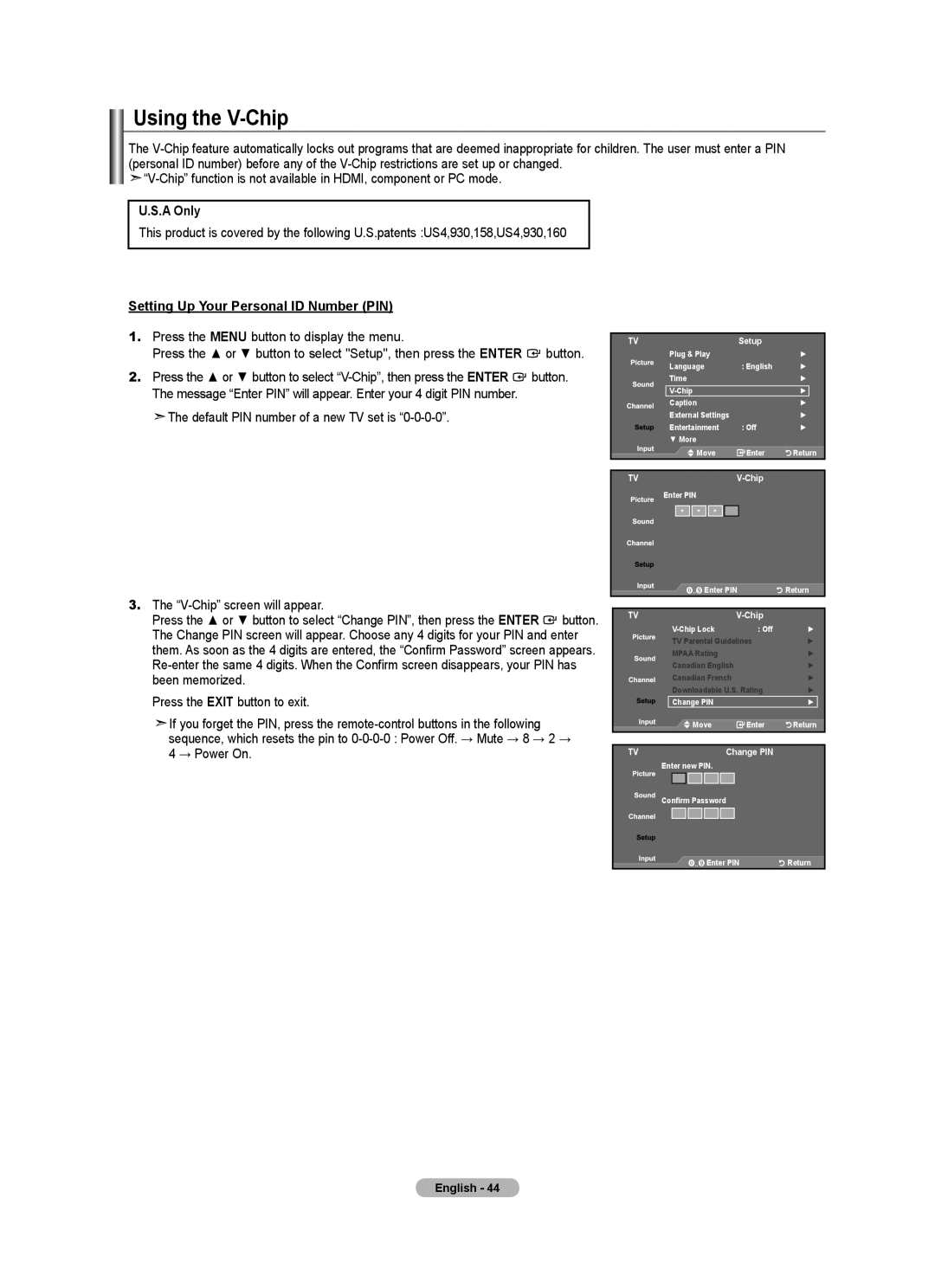 Samsung LN32A540P2D user manual Using the V-Chip, A Only, Setting Up Your Personal ID Number PIN 