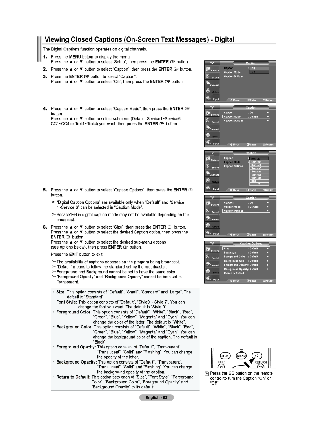 Samsung LN32A540P2D user manual Viewing Closed Captions On-Screen Text Messages Digital, CC1 