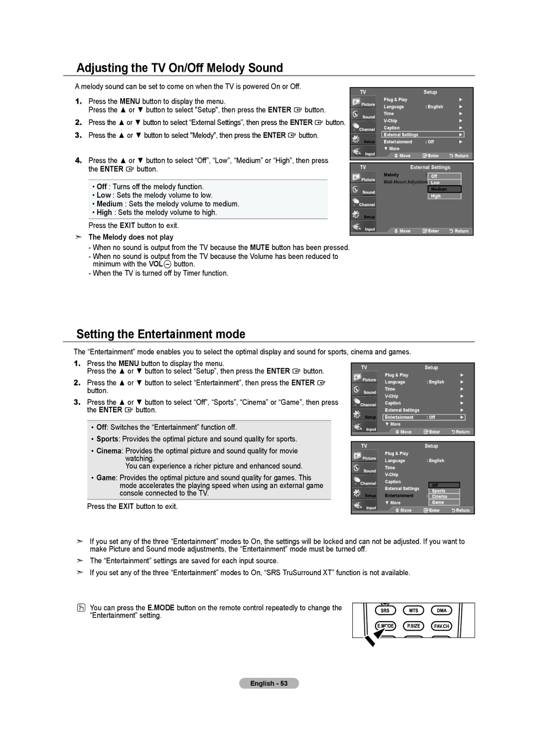 Samsung LN32A540P2D Setting the Entertainment mode, Off Turns off the melody function, Low Sets the melody volume to low 