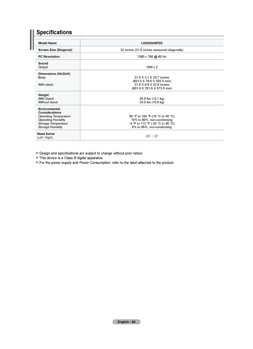 Samsung LN32A540P2D user manual Specifications, Dimensions WxDxH 