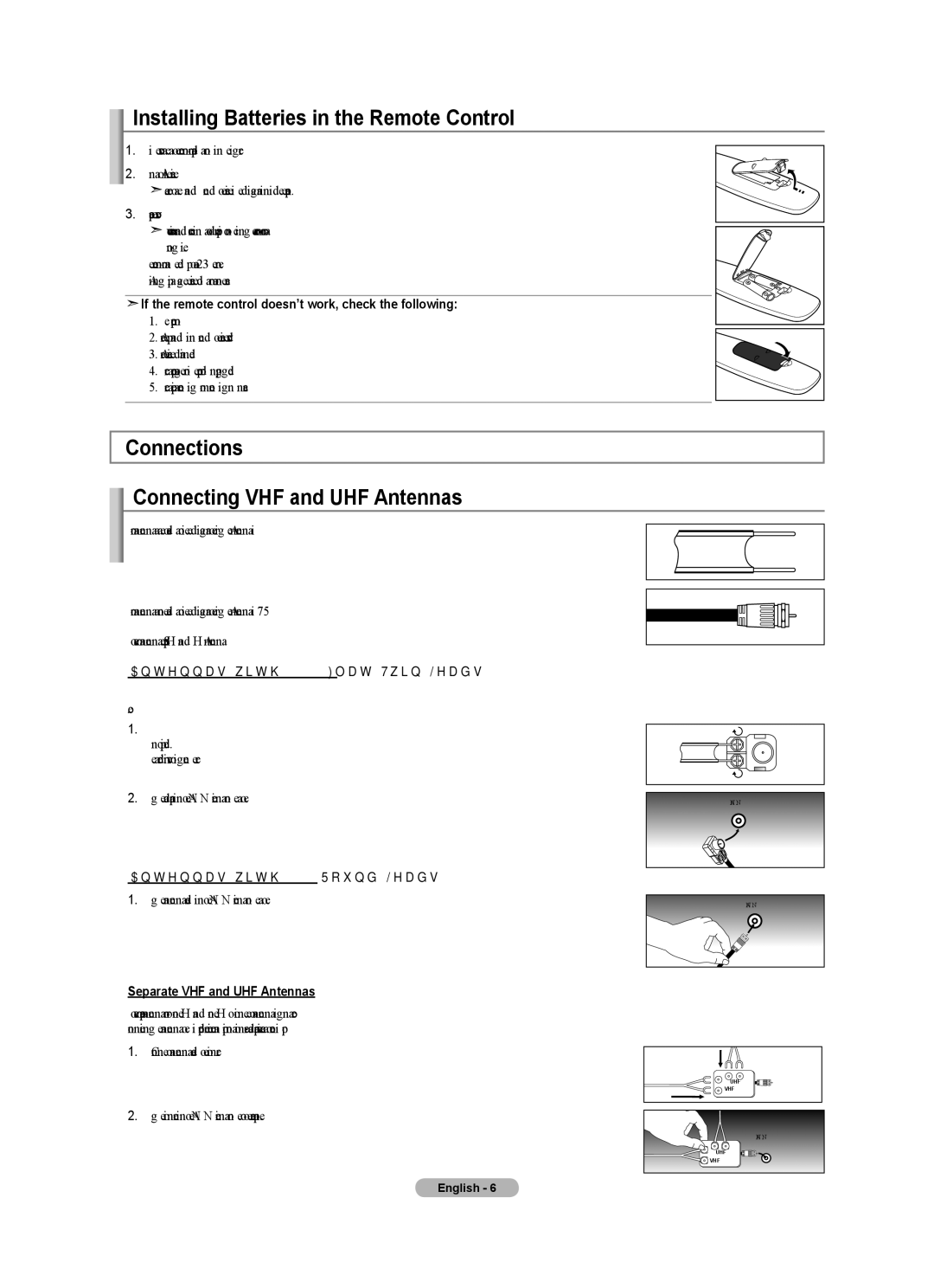 Samsung LN32A540P2D user manual Installing Batteries in the Remote Control, Connections Connecting VHF and UHF Antennas 