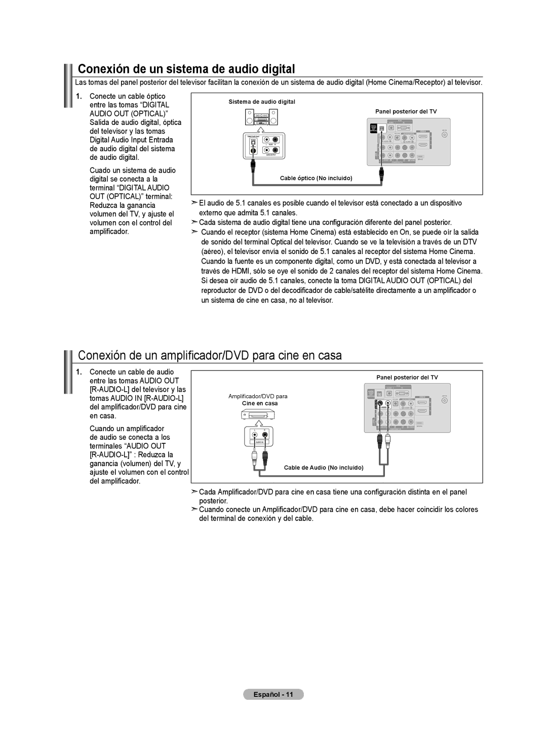 Samsung LN32A540P2D user manual Conexión de un sistema de audio digital, Conexión de un amplificador/DVD para cine en casa 