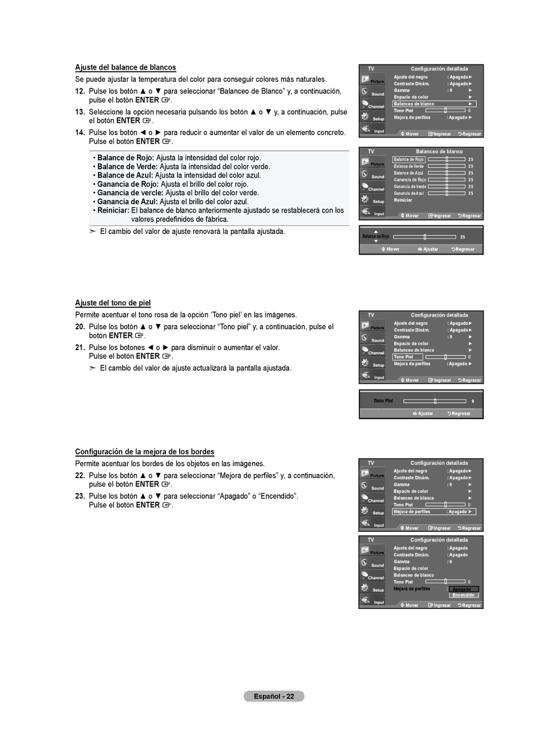 Samsung LN32A540P2D Ajuste del balance de blancos, Ajuste del tono de piel, Configuración de la mejora de los bordes 