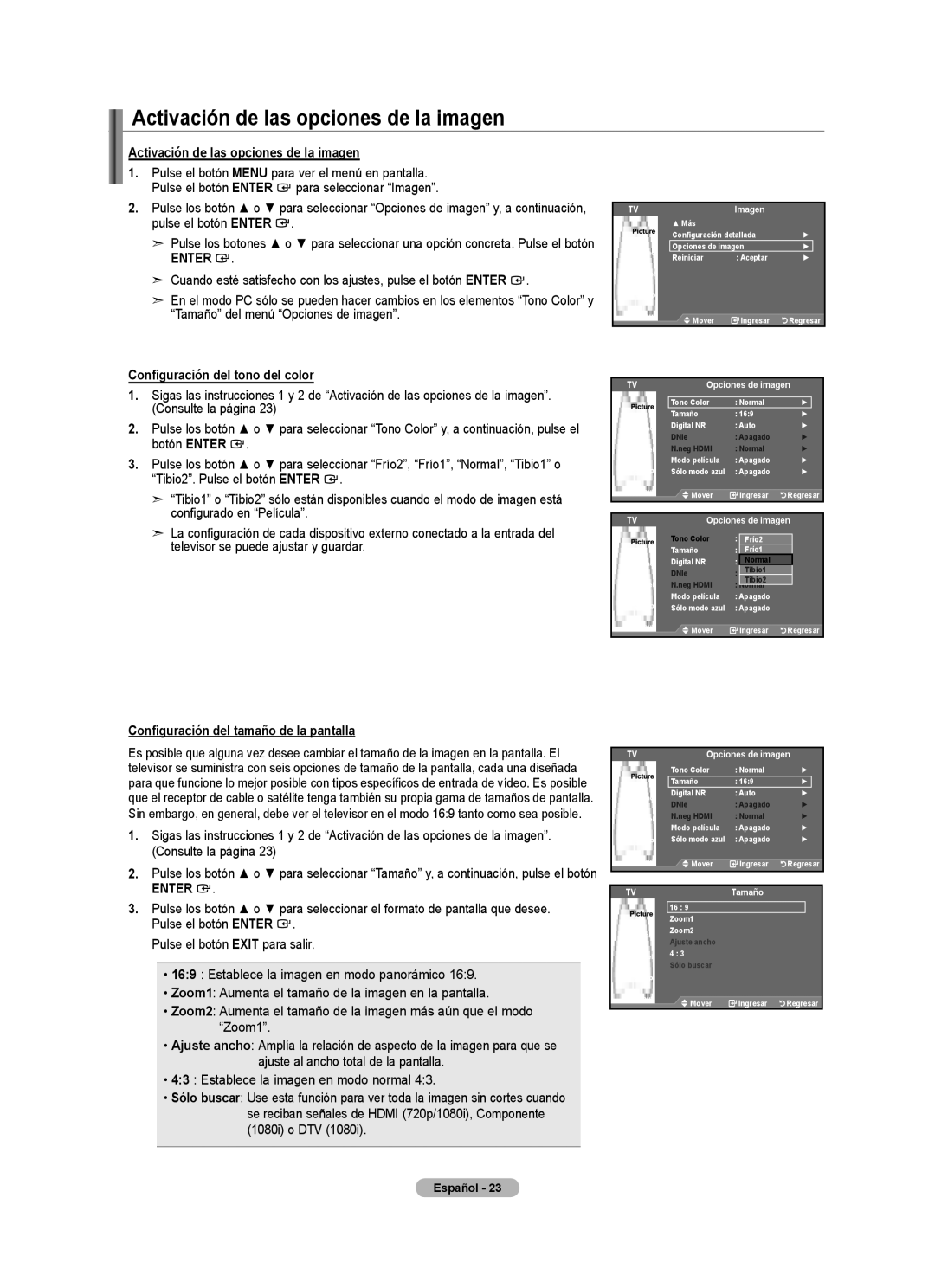 Samsung LN32A540P2D user manual Activación de las opciones de la imagen, Configuración del tono del color 