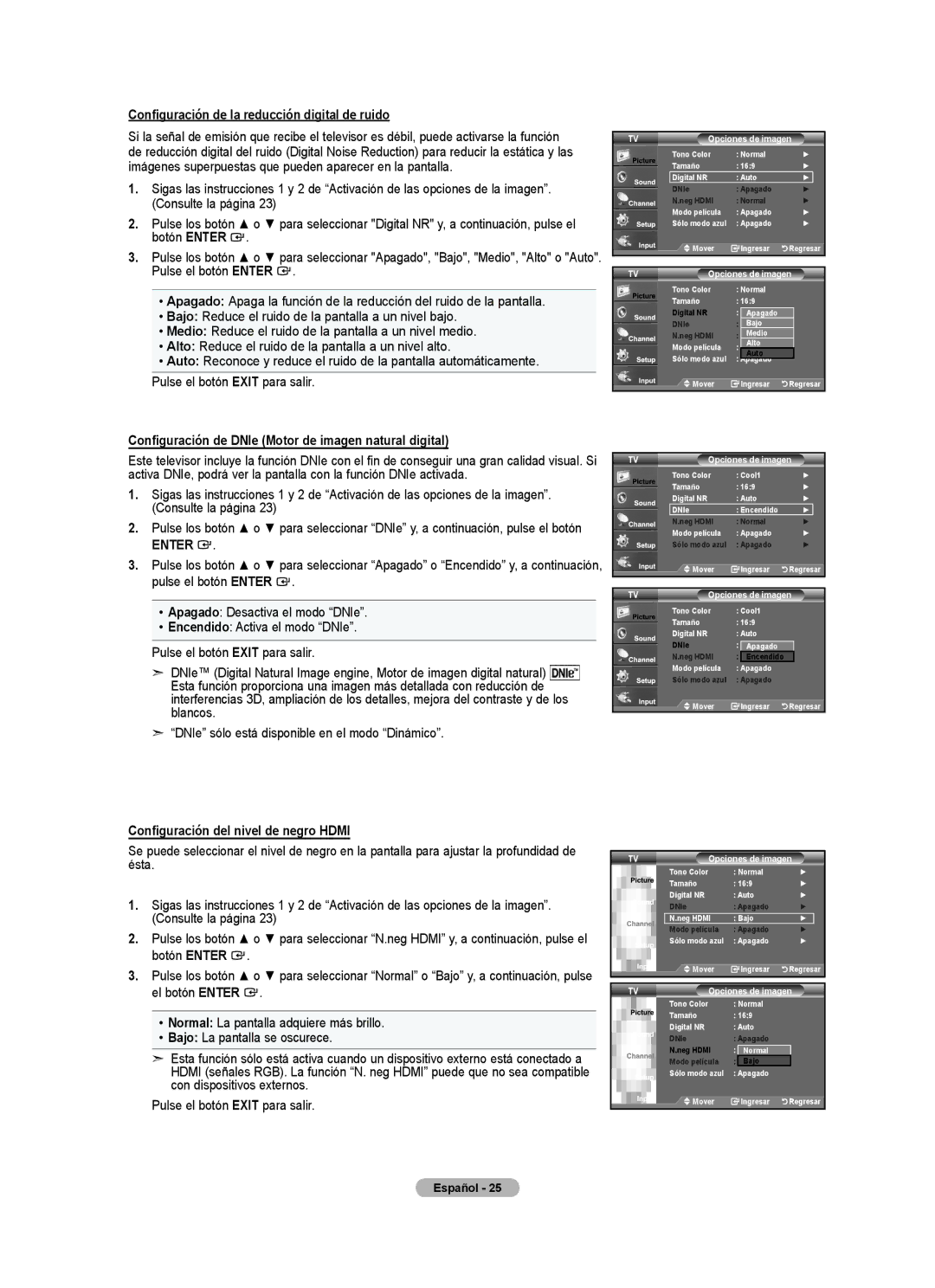 Samsung LN32A540P2D Configuración de la reducción digital de ruido, Configuración de DNIe Motor de imagen natural digital 