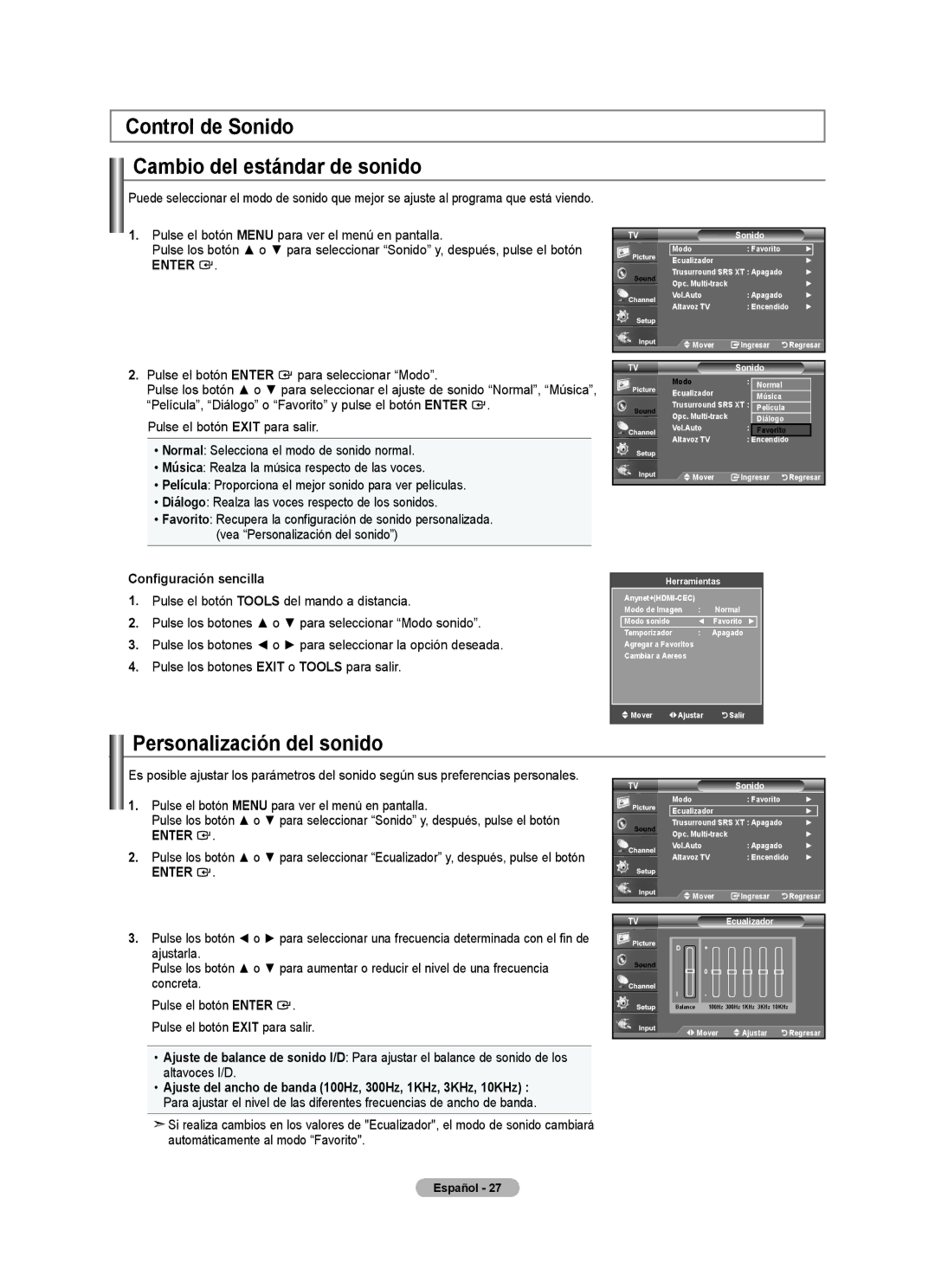 Samsung LN32A540P2D user manual Control de Sonido Cambio del estándar de sonido, Personalización del sonido 