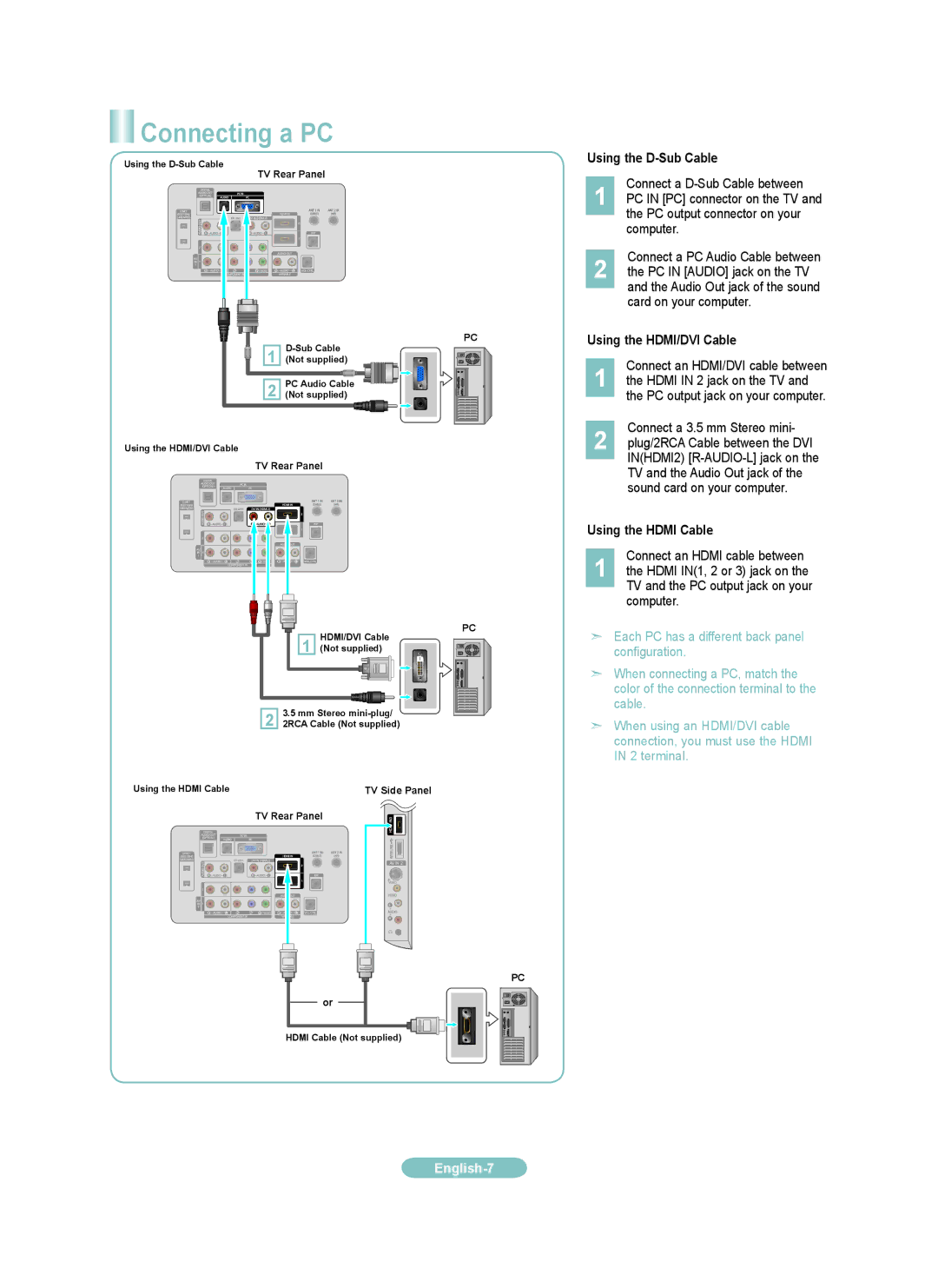 Samsung LN40A620AF, LN32A620AF Connecting a PC, Using the D-Sub Cable, Using the HDMI/DVI Cable, Using the Hdmi Cable 