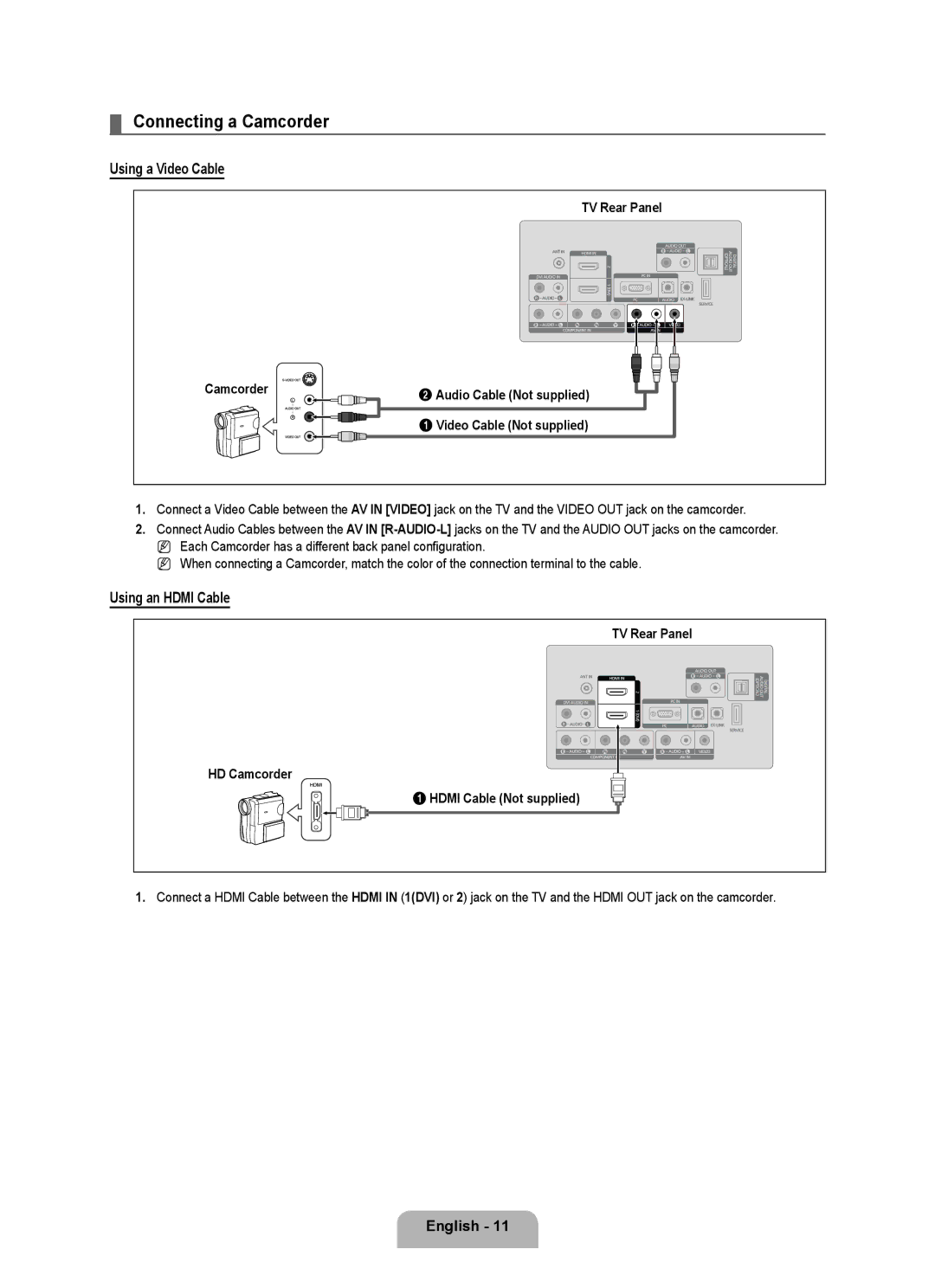 Samsung LN32B350F1D user manual Connecting a Camcorder, Using a Video Cable, Using an Hdmi Cable, TV Rear Panel Camcorder 