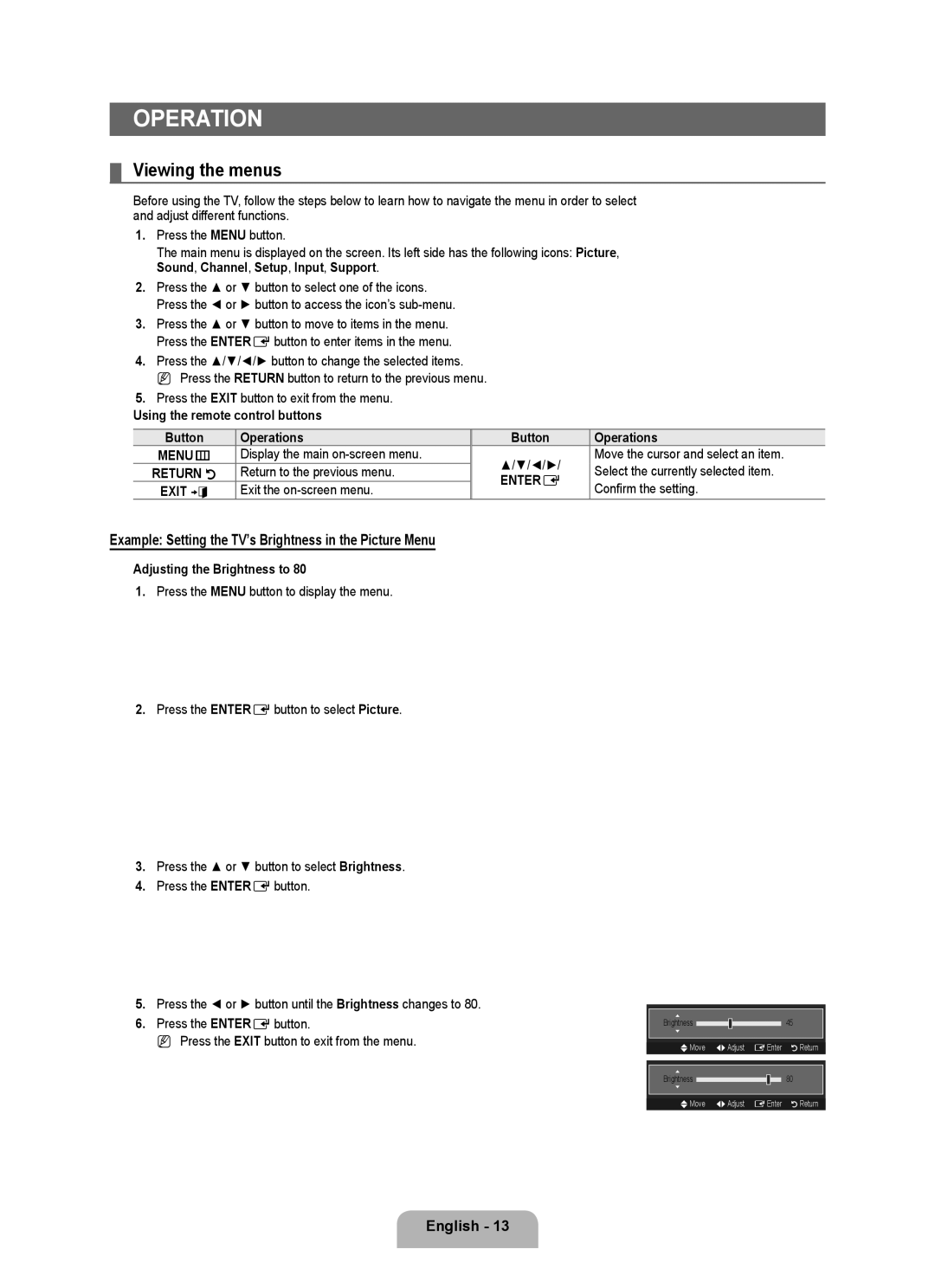 Samsung LN32B350F1D user manual Operation, Viewing the menus, Example Setting the TV’s Brightness in the Picture Menu 