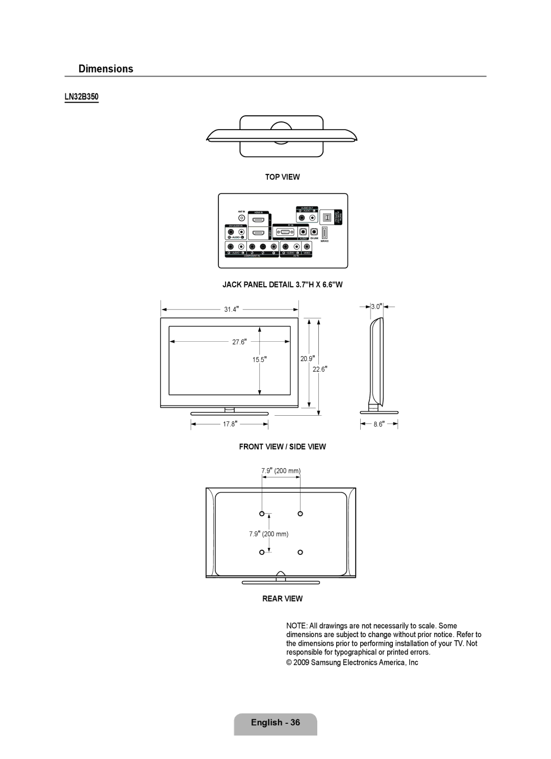 Samsung LN32B350F1D user manual Dimensions 