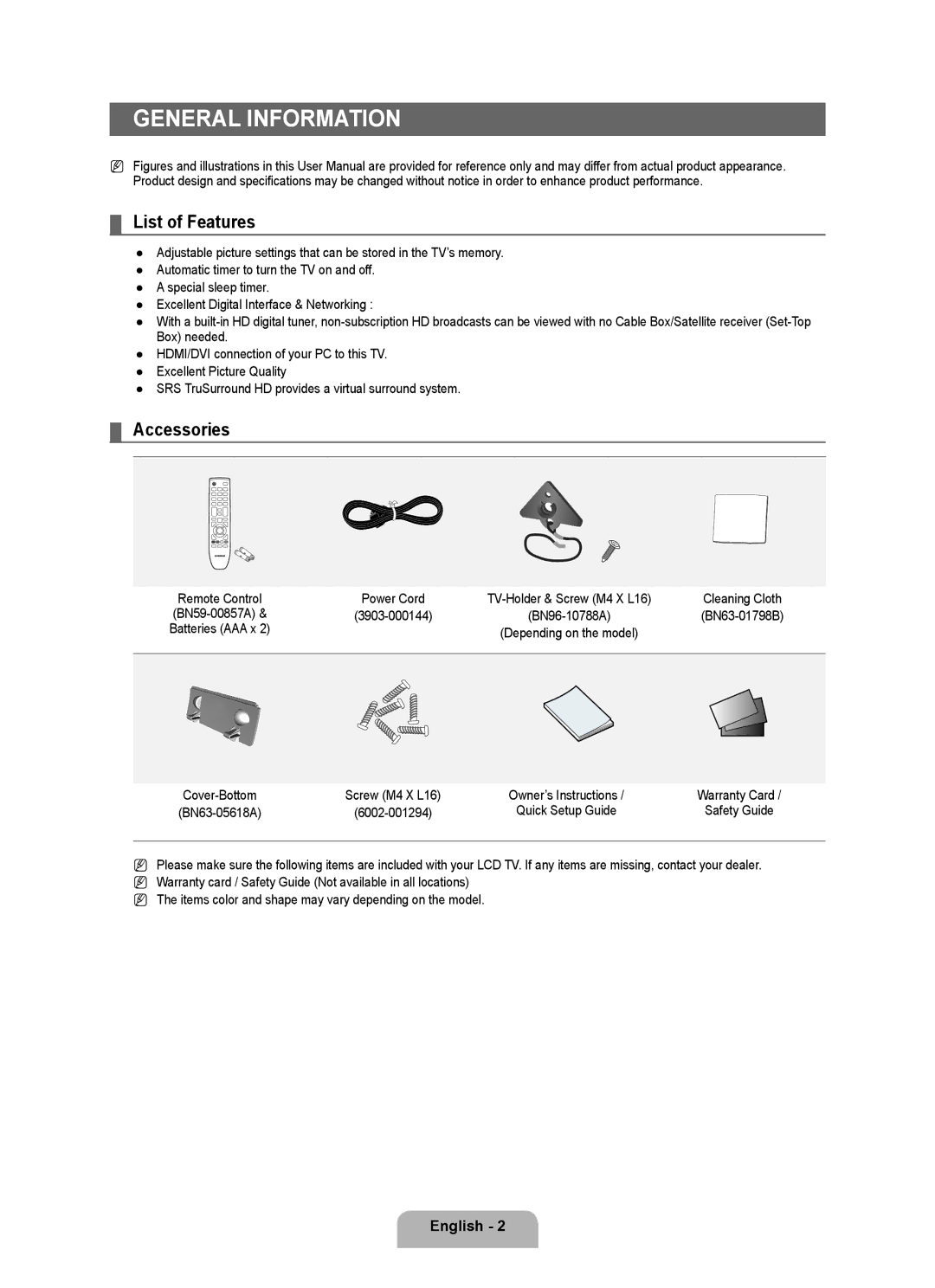 Samsung LN32B350F1D user manual General Information, List of Features, Accessories, 3903-000144, 6002-001294 