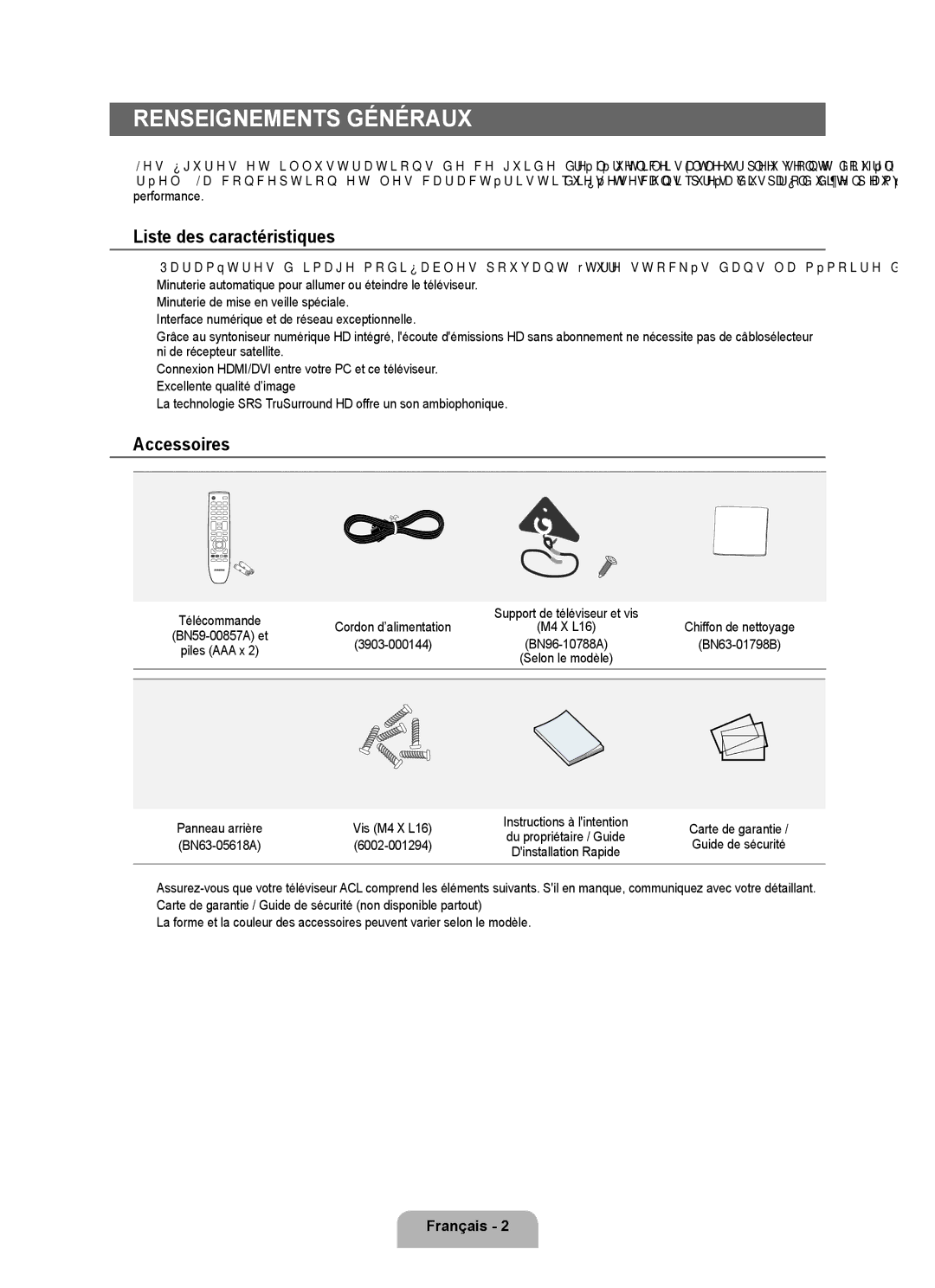 Samsung LN32B350F1D Renseignements généraux, Liste des caractéristiques, Accessoires, Panneau arrière Vis M4 X L16 