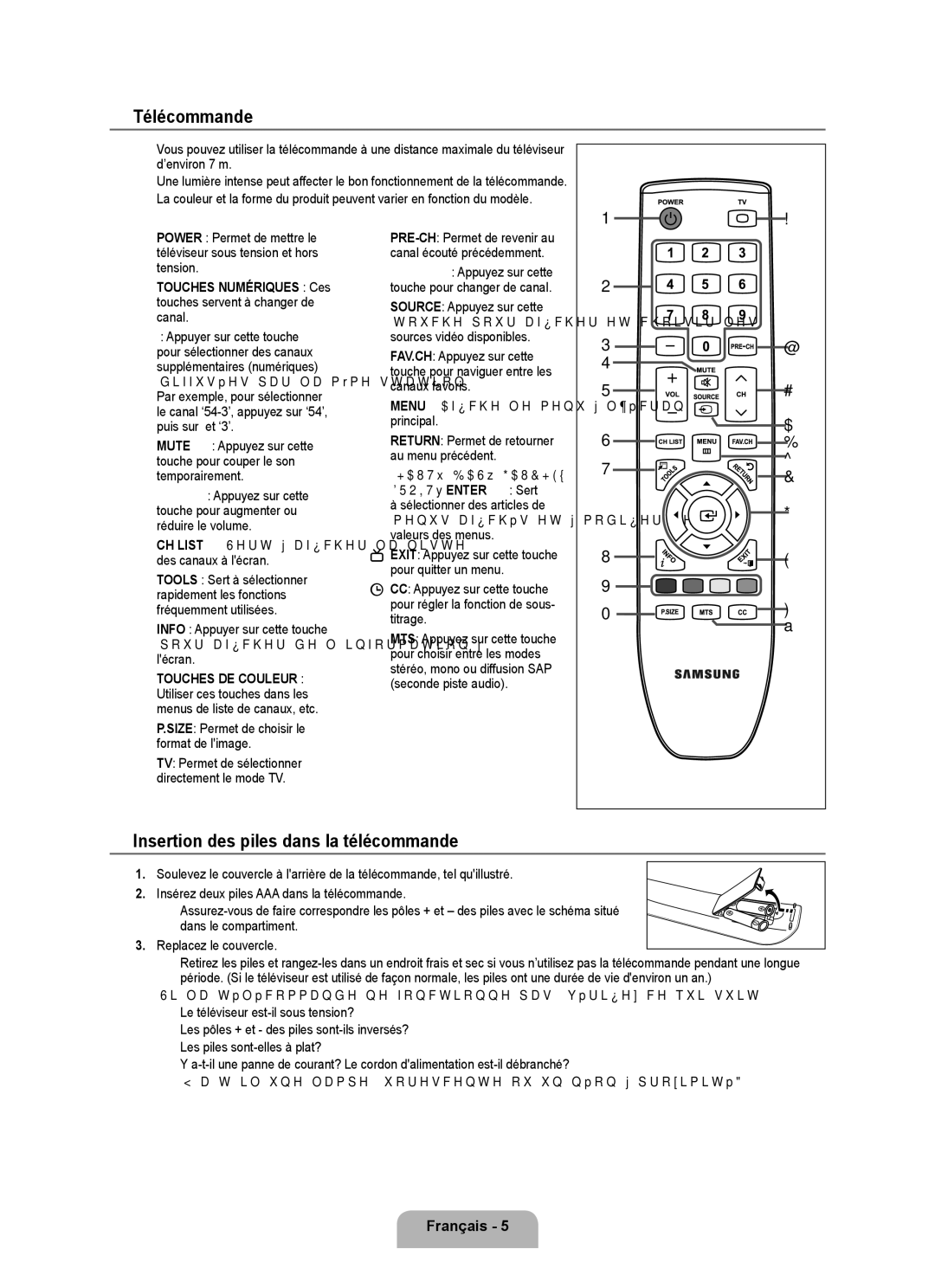 Samsung LN32B350F1D Télécommande, Insertion des piles dans la télécommande, Size Permet de choisir le format de limage 