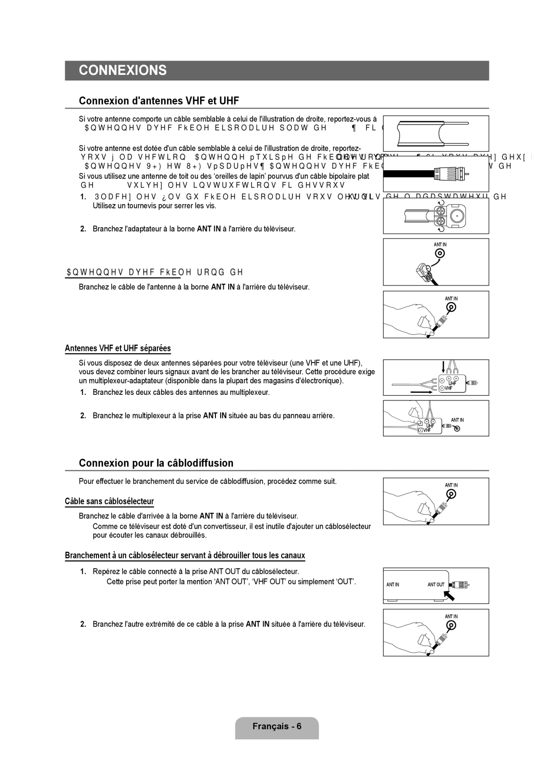 Samsung LN32B350F1D user manual Connexions, Connexion dantennes VHF et UHF, Connexion pour la câblodiffusion 