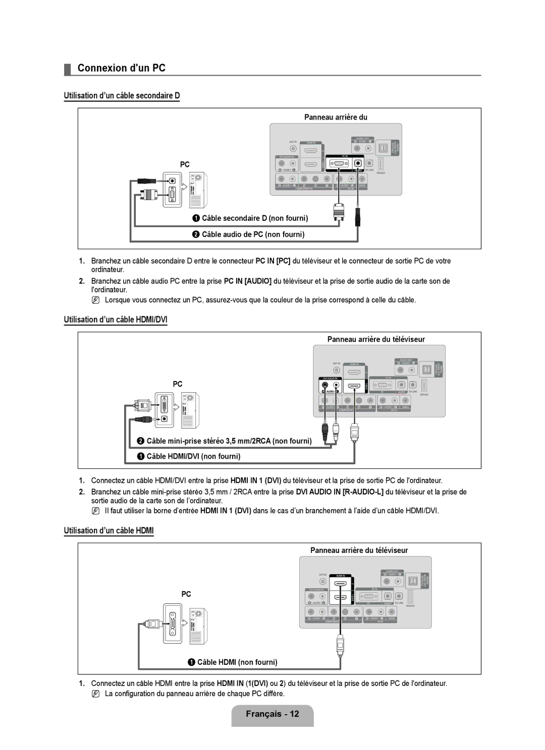 Samsung LN32B350F1D user manual Connexion dun PC, Utilisation d’un câble secondaire D, Utilisation d’un câble HDMI/DVI 