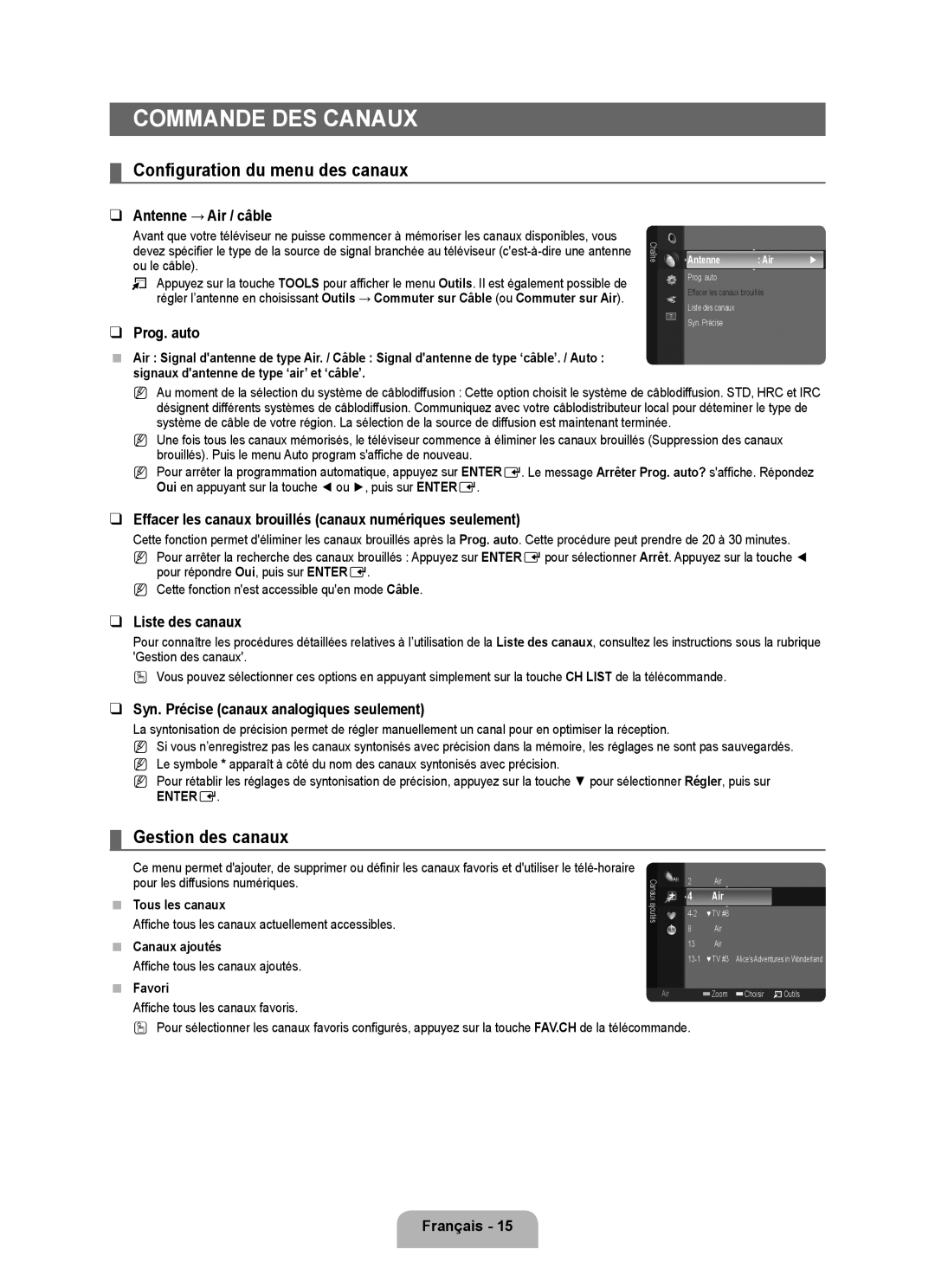 Samsung LN32B350F1D user manual Commande des canaux, Configuration du menu des canaux, Gestion des canaux 