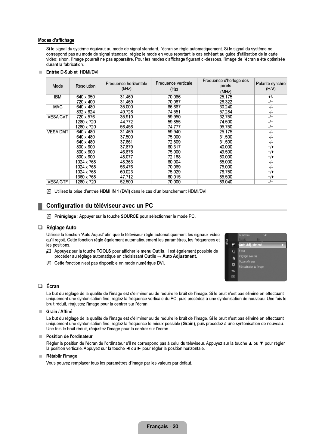 Samsung LN32B350F1D user manual Configuration du téléviseur avec un PC, Modes daffichage, Réglage Auto, Écran 