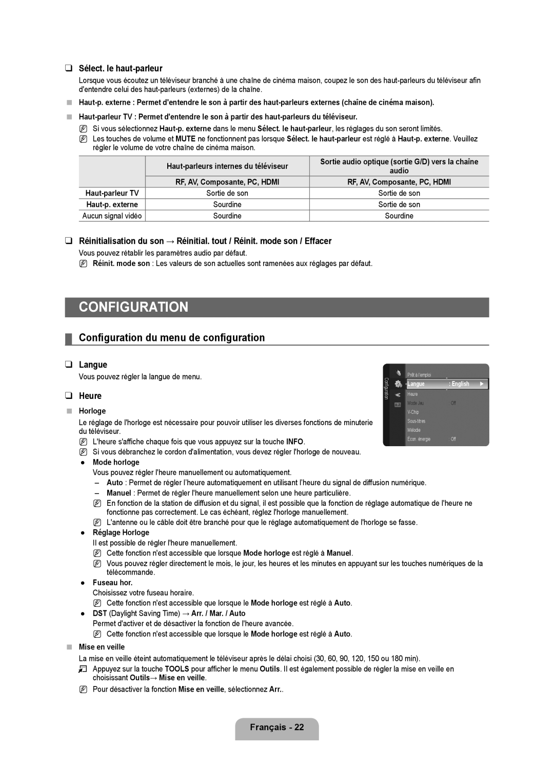 Samsung LN32B350F1D user manual Configuration du menu de configuration, Sélect. le haut-parleur, Langue, Heure 