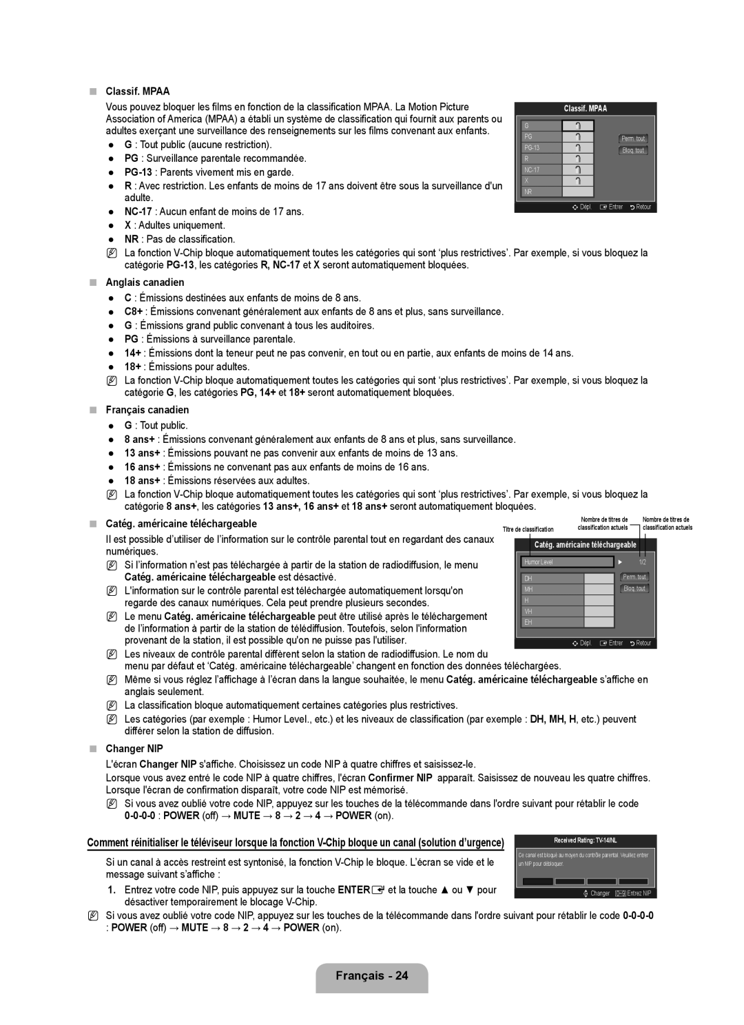 Samsung LN32B350F1D user manual  Classif. Mpaa,  Anglais canadien,  Français canadien,  Changer NIP 