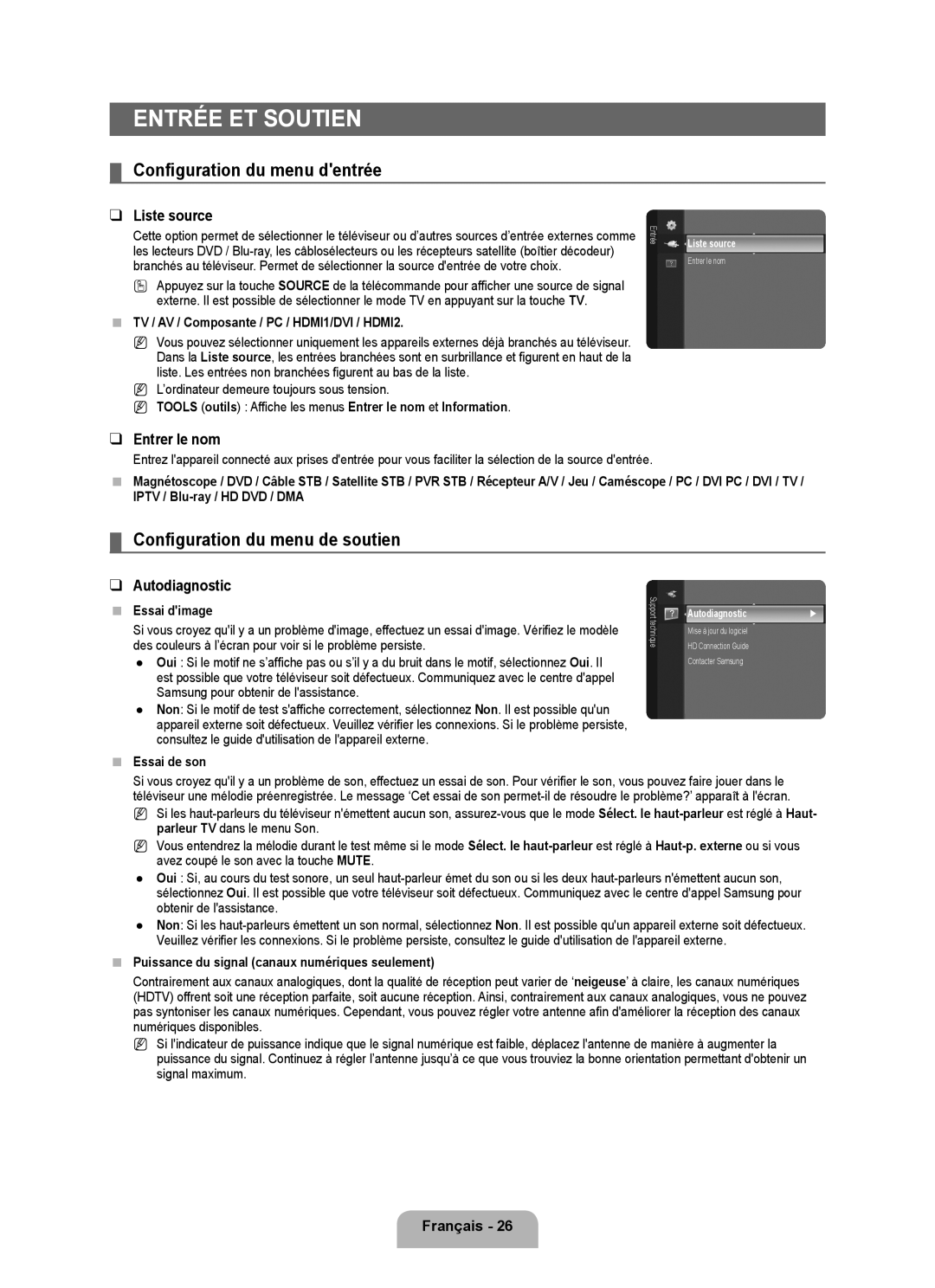 Samsung LN32B350F1D user manual Entrée et soutien, Configuration du menu dentrée, Configuration du menu de soutien 