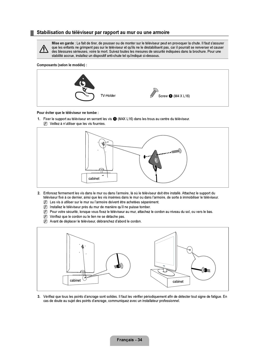 Samsung LN32B350F1D user manual Français 4,  Composants selon le modèle,  Pour éviter que le téléviseur ne tombe 