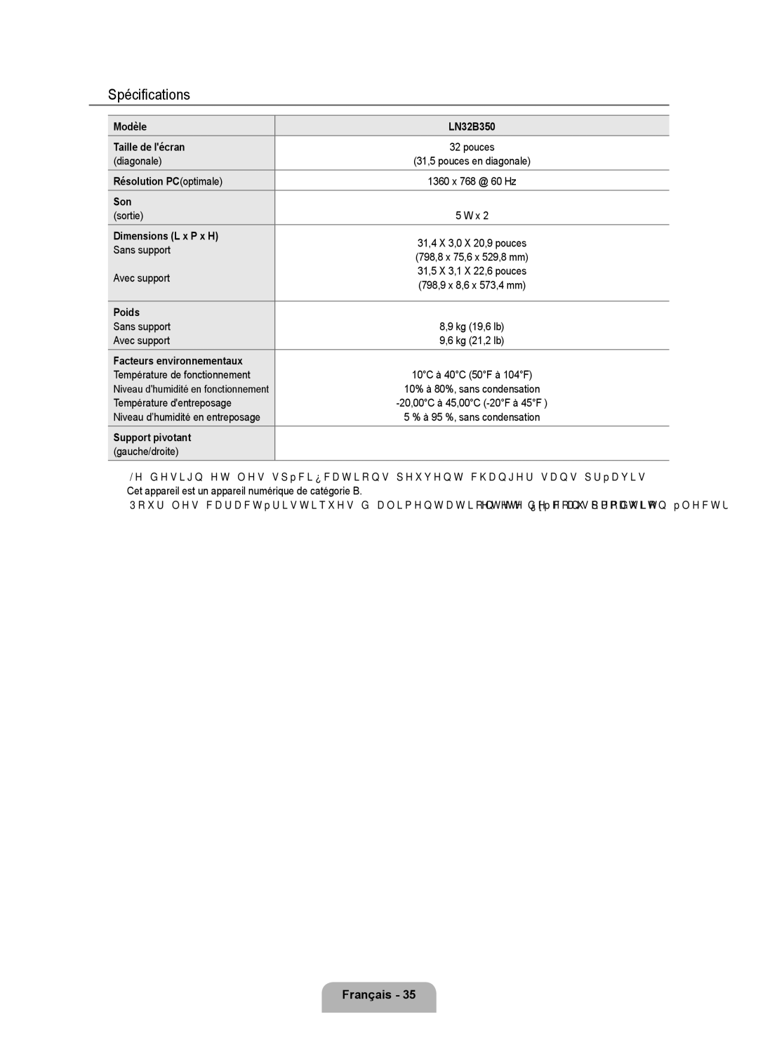 Samsung LN32B350F1D user manual Spécifications 