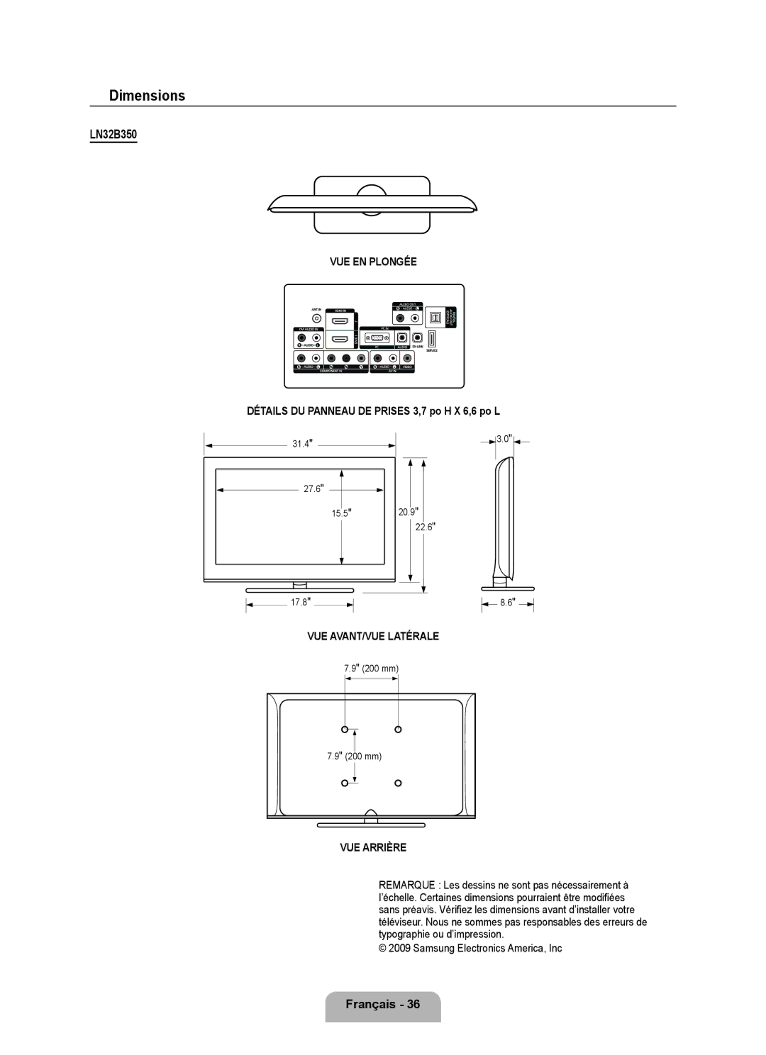 Samsung LN32B350F1D user manual Détails DU Panneau DE Prises 3,7 po H X 6,6 po L, VUE Arrière 