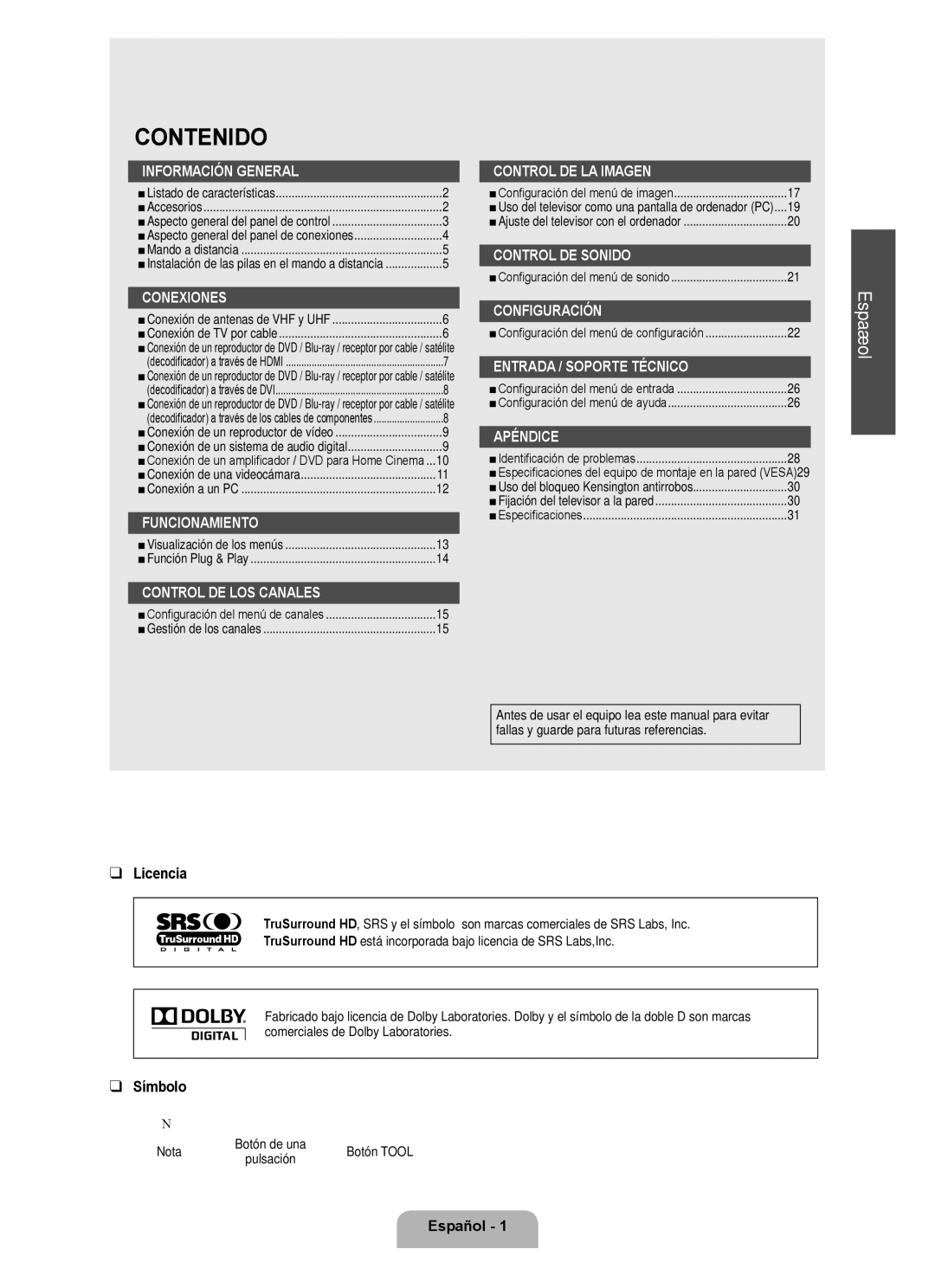 Samsung LN26B360, LN32B360, LN19B360, LN19B361, LN22B360 user manual Licencia, Símbolo, Español 