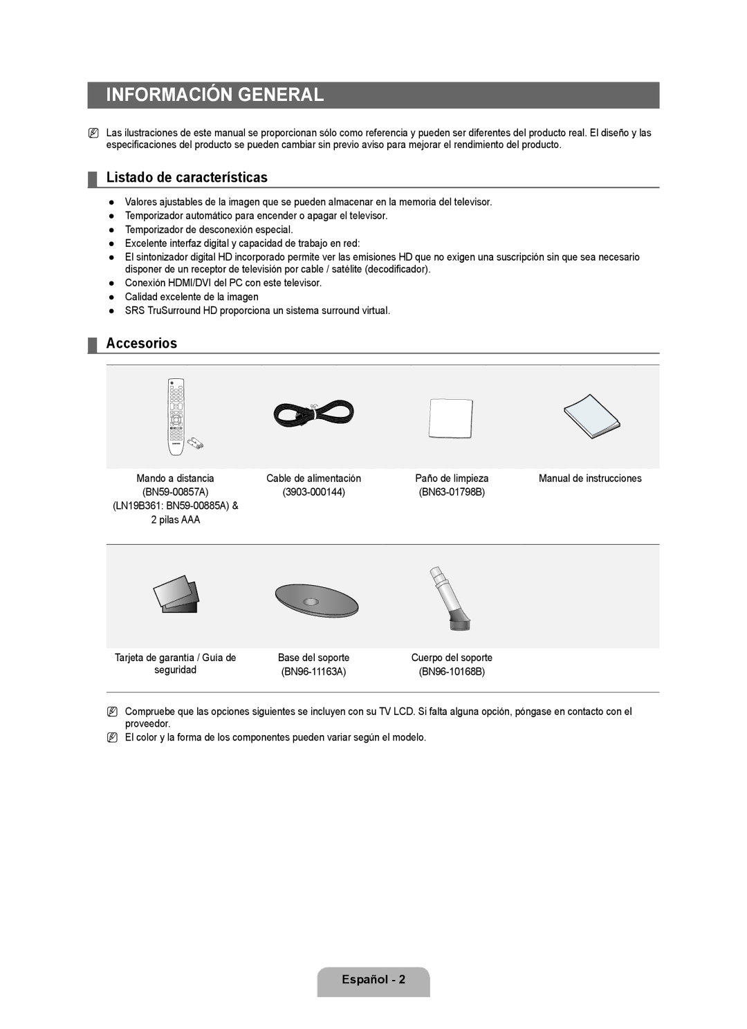 Samsung LN19B360, LN32B360, LN26B360 Información General, Listado de características, Accesorios, Manual de instrucciones 