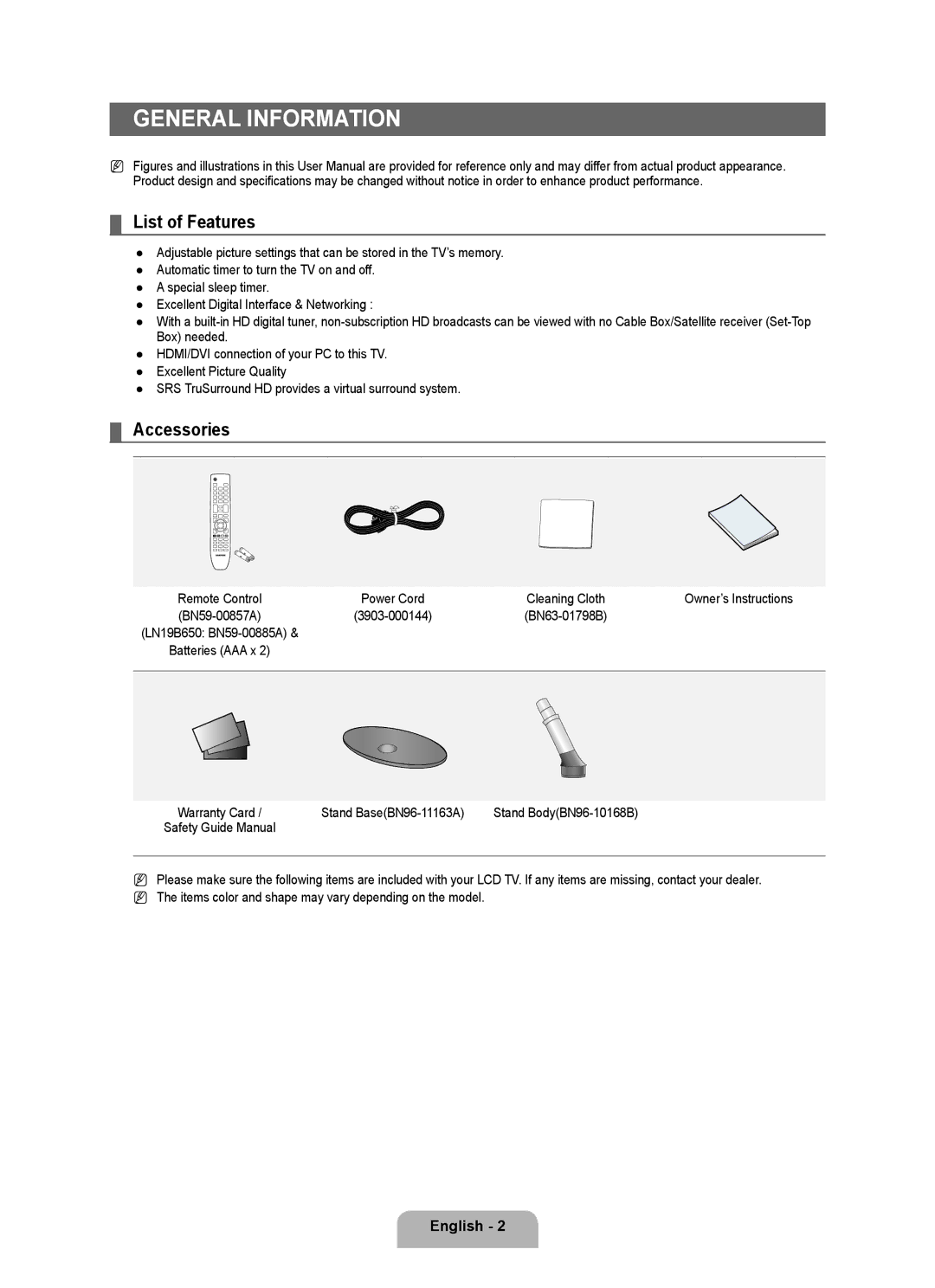 Samsung LN22B360, LN32B360, LN26B360, LN19B360, LN19B361 user manual General Information, List of Features, Accessories 