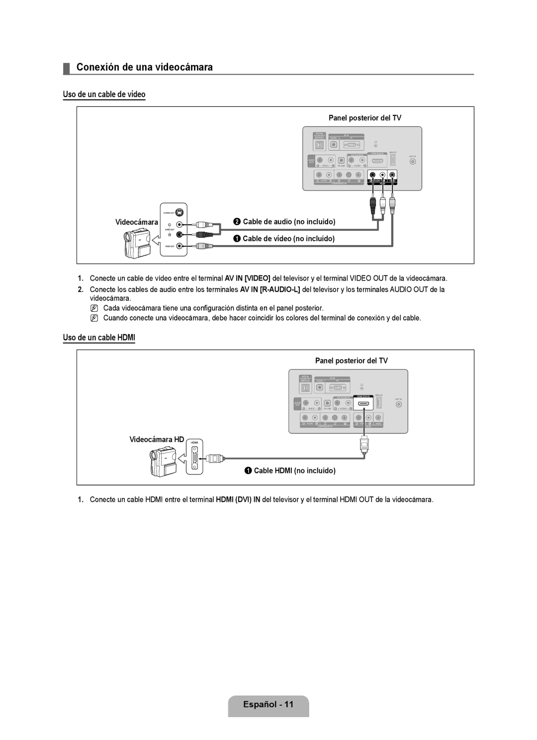 Samsung LN26B360, LN32B360, LN19B360, LN19B361 Conexión de una videocámara, Uso de un cable de vídeo, Uso de un cable Hdmi 