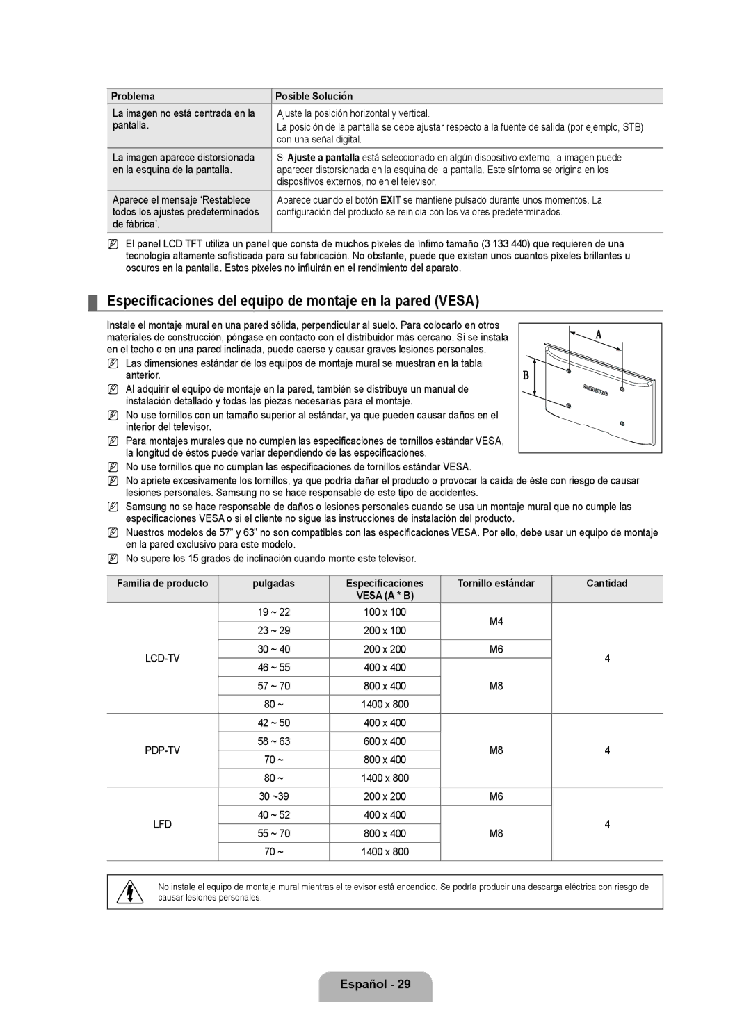 Samsung LN22B360, LN32B360, LN26B360, LN19B360, LN19B361 user manual Especificaciones del equipo de montaje en la pared Vesa 