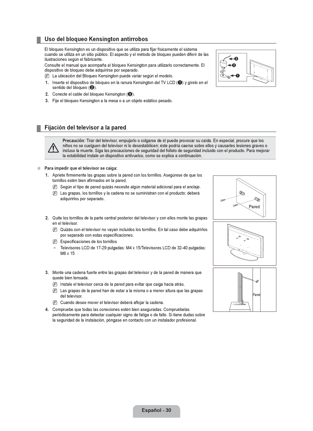 Samsung LN32B360, LN26B360, LN19B360 Uso del bloqueo Kensington antirrobos, Fijación del televisor a la pared, Pared 