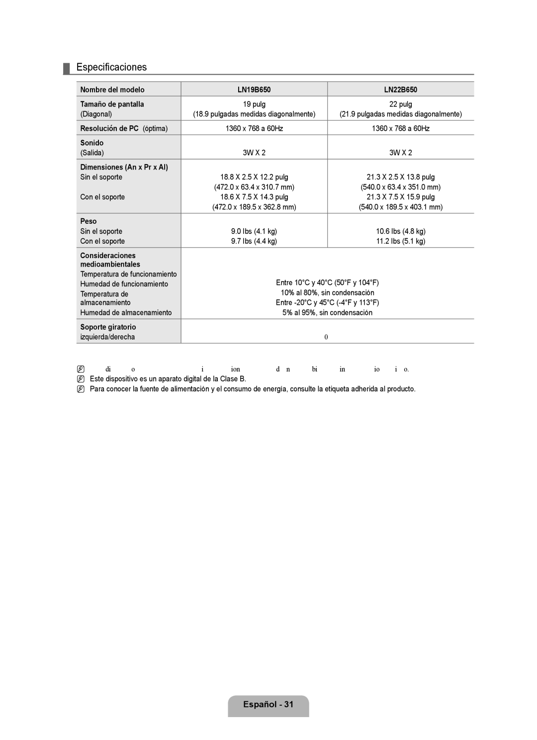 Samsung LN26B360, LN32B360, LN19B360, LN19B361, LN22B360 user manual Especificaciones 