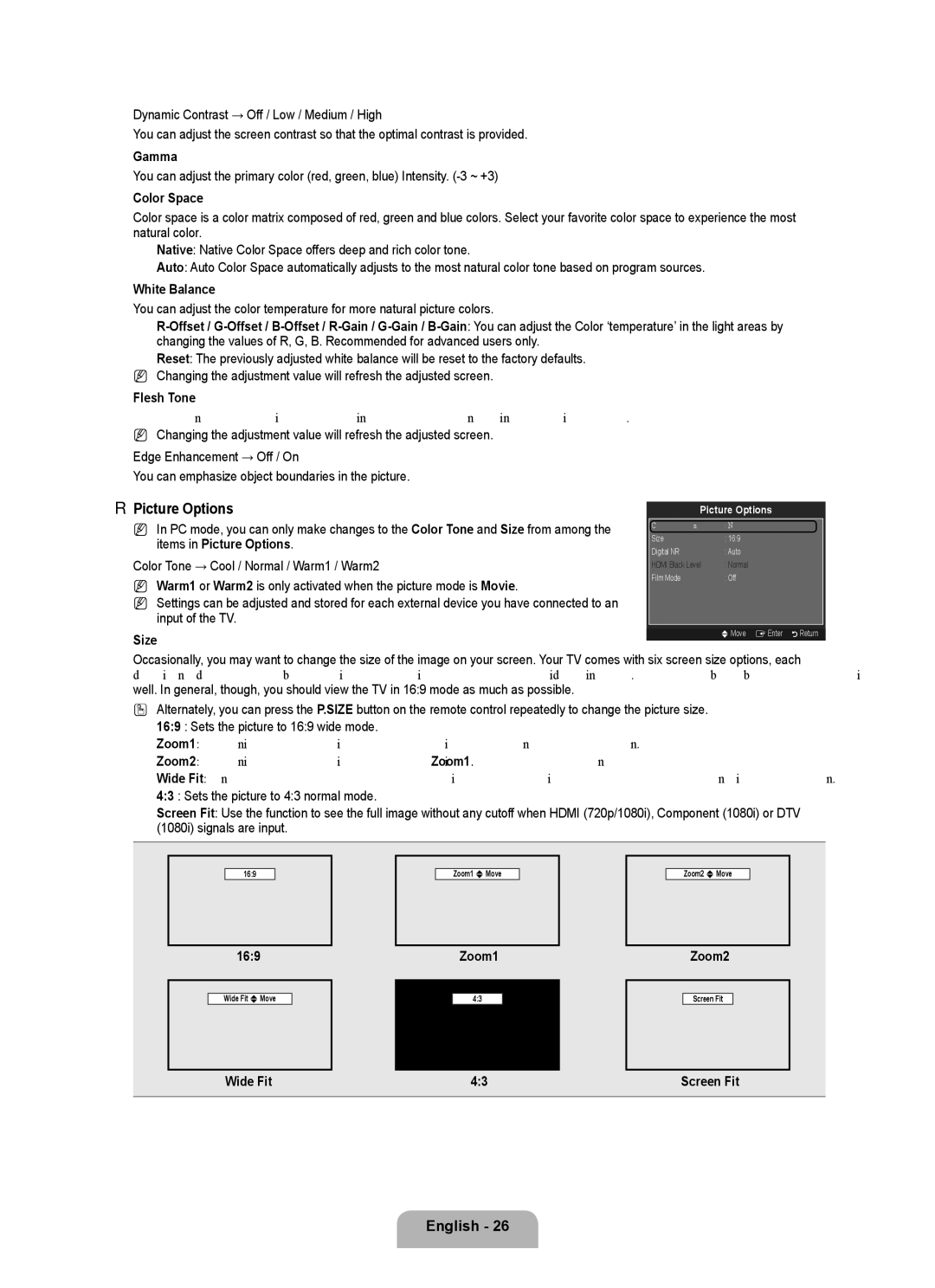 Samsung LN26B460, LN32B460, LN22B460 user manual Picture Options 